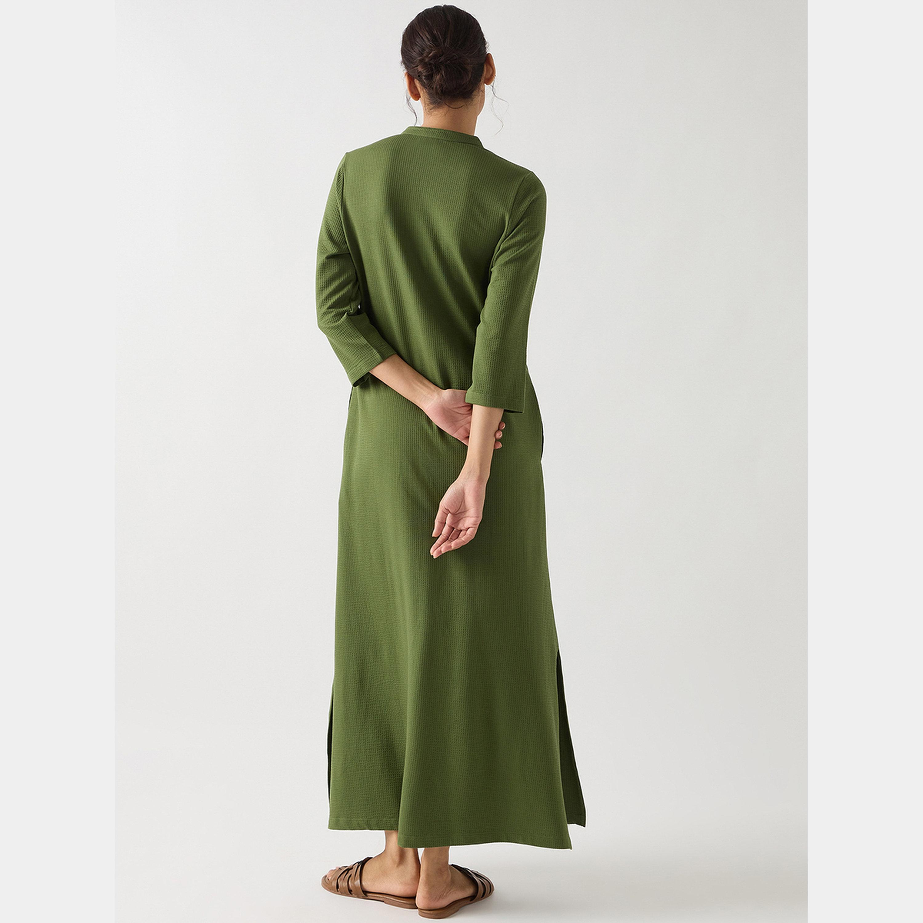Femmella Green Textured Mandarin 3/4 Sleeves Cotton Women's Knit Maxi Dress with Slit-women-clothing-dresses-image-3