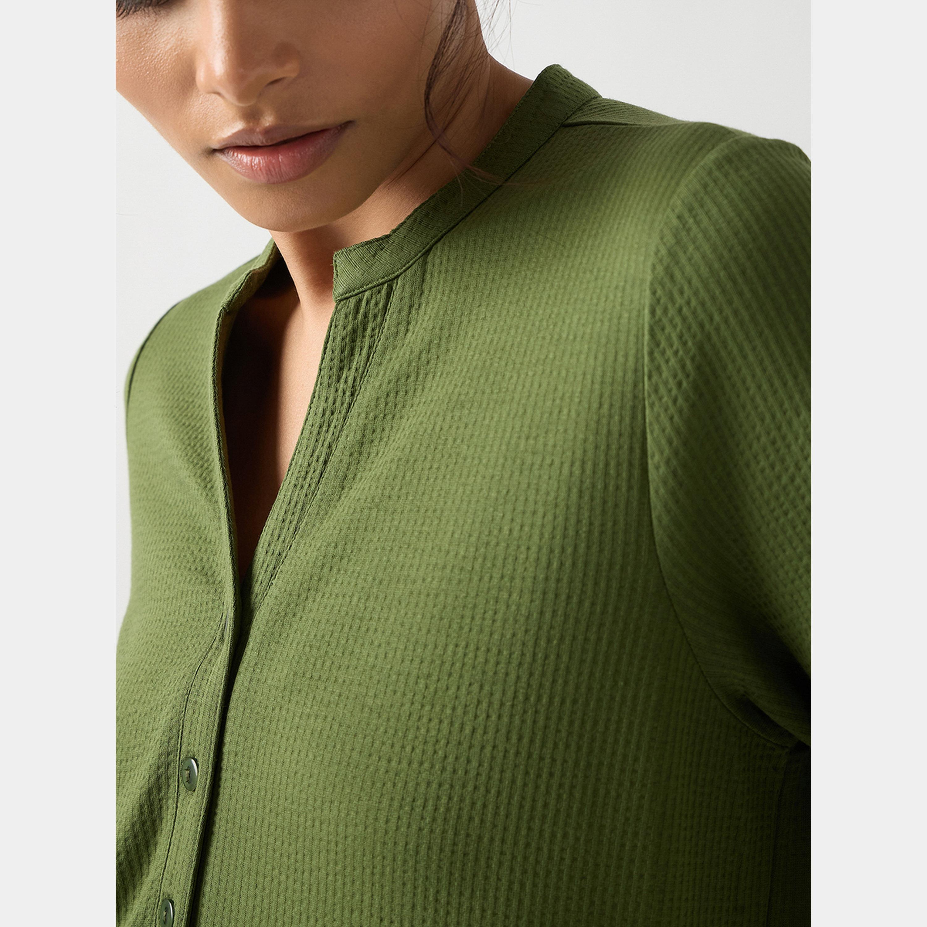 Femmella Green Textured Mandarin 3/4 Sleeves Cotton Women's Knit Maxi Dress with Slit-women-clothing-dresses-image-4