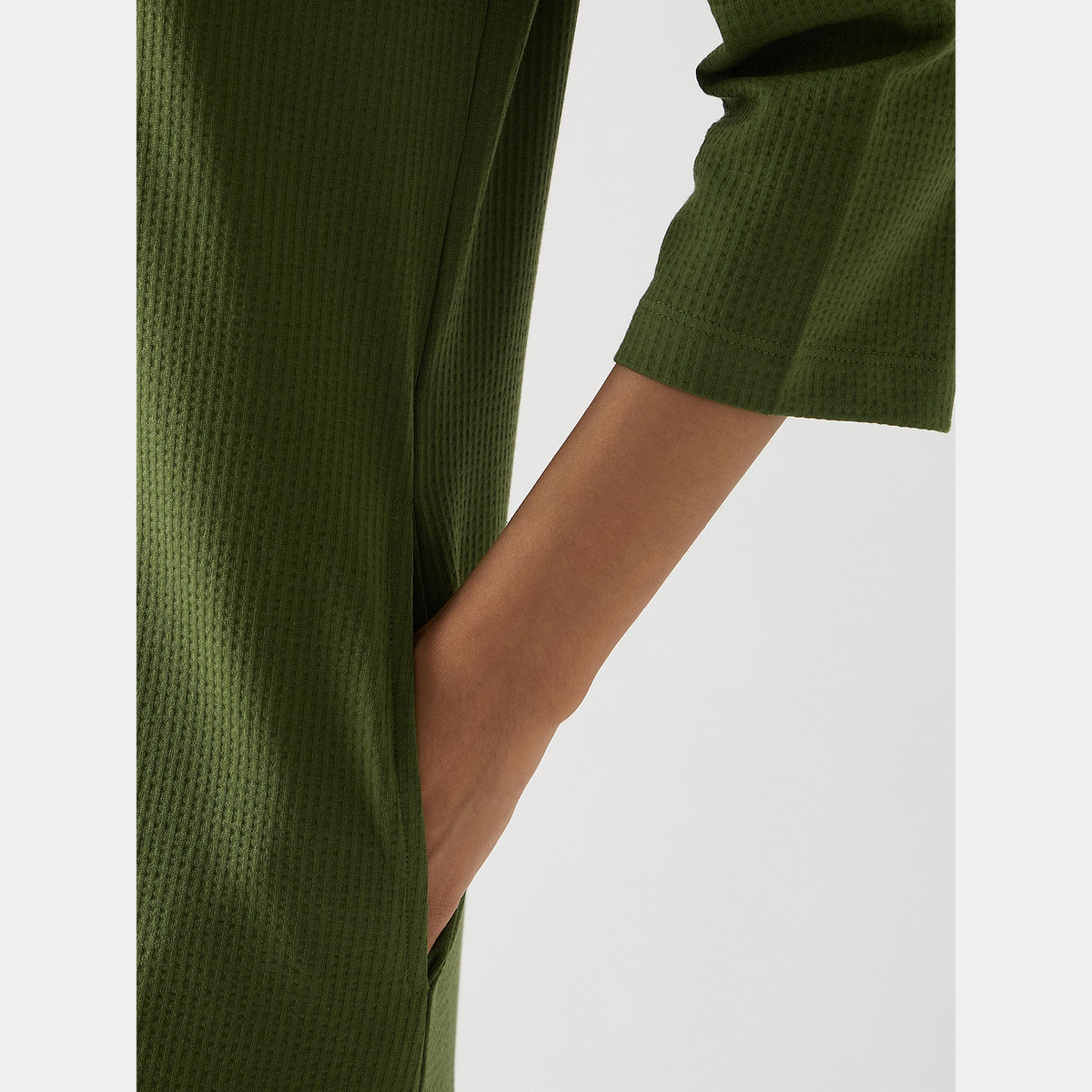 Femmella Green Textured Mandarin 3/4 Sleeves Cotton Women's Knit Maxi Dress with Slit-women-clothing-dresses-image-6