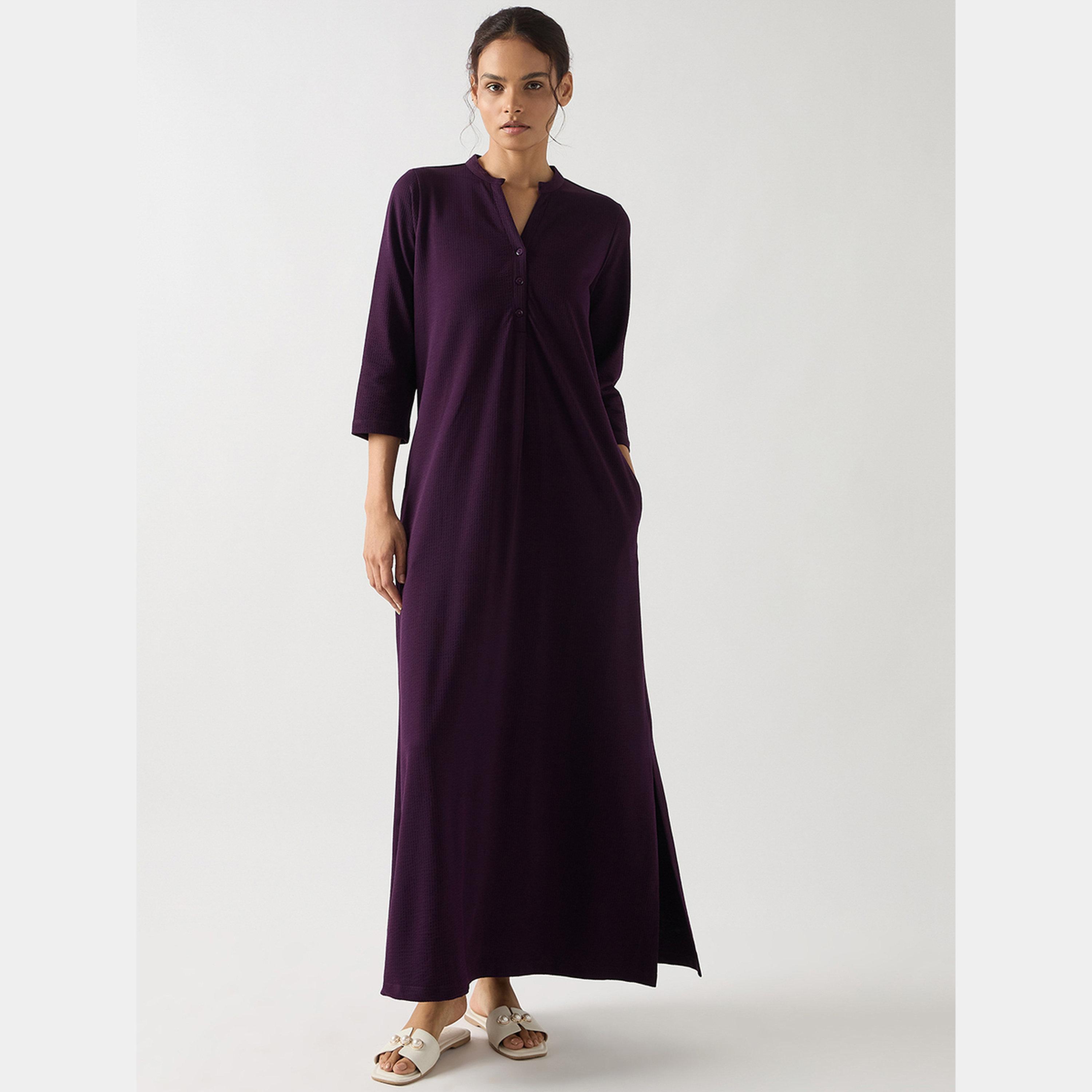 فيميلا - فستان ماكسي نسائي من القطن المحبب بأكمام 3/4 وفتحة من اللون الأرجواني-women-clothing-dresses-image-1