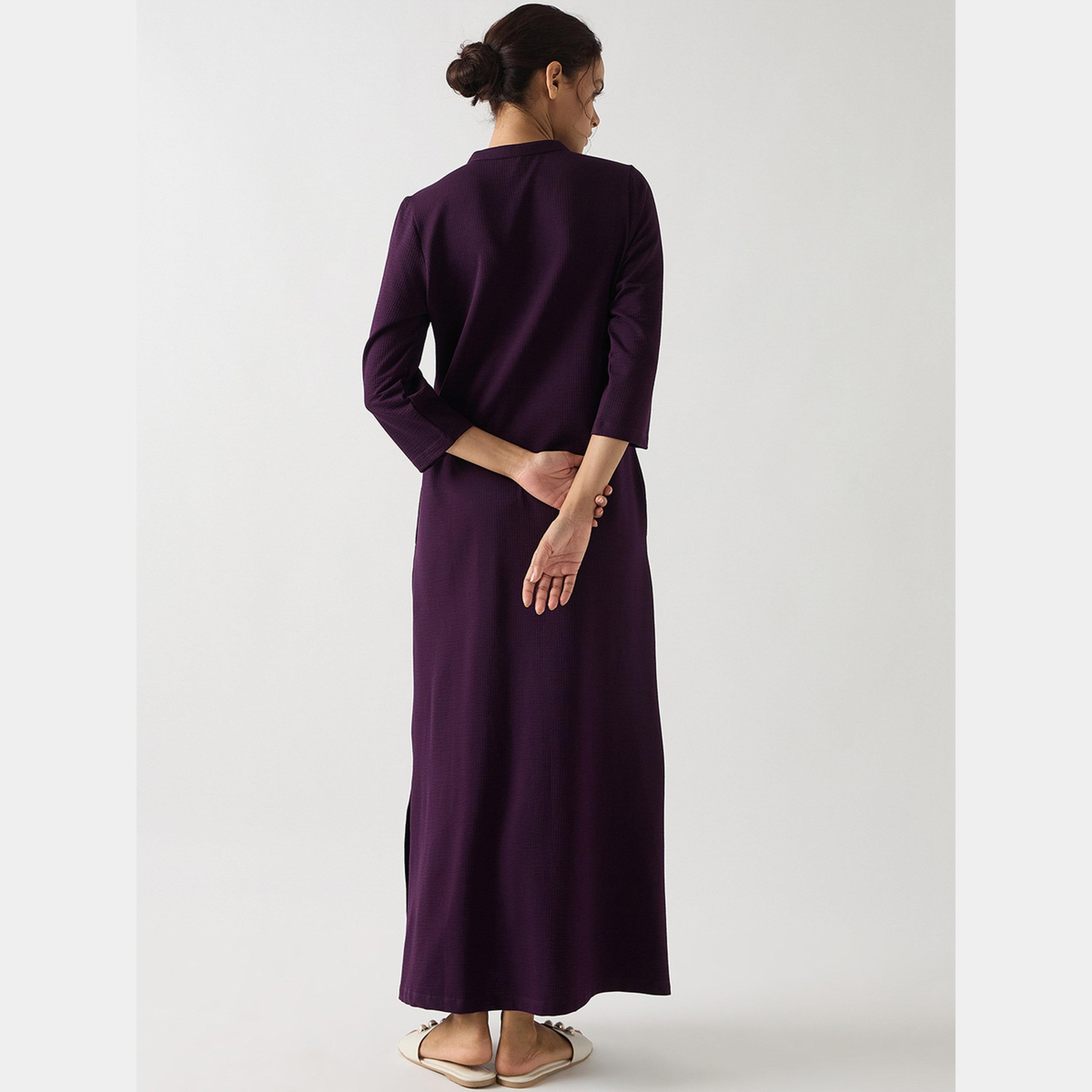 فيميلا - فستان ماكسي نسائي من القطن المحبب بأكمام 3/4 وفتحة من اللون الأرجواني-women-clothing-dresses-image-3