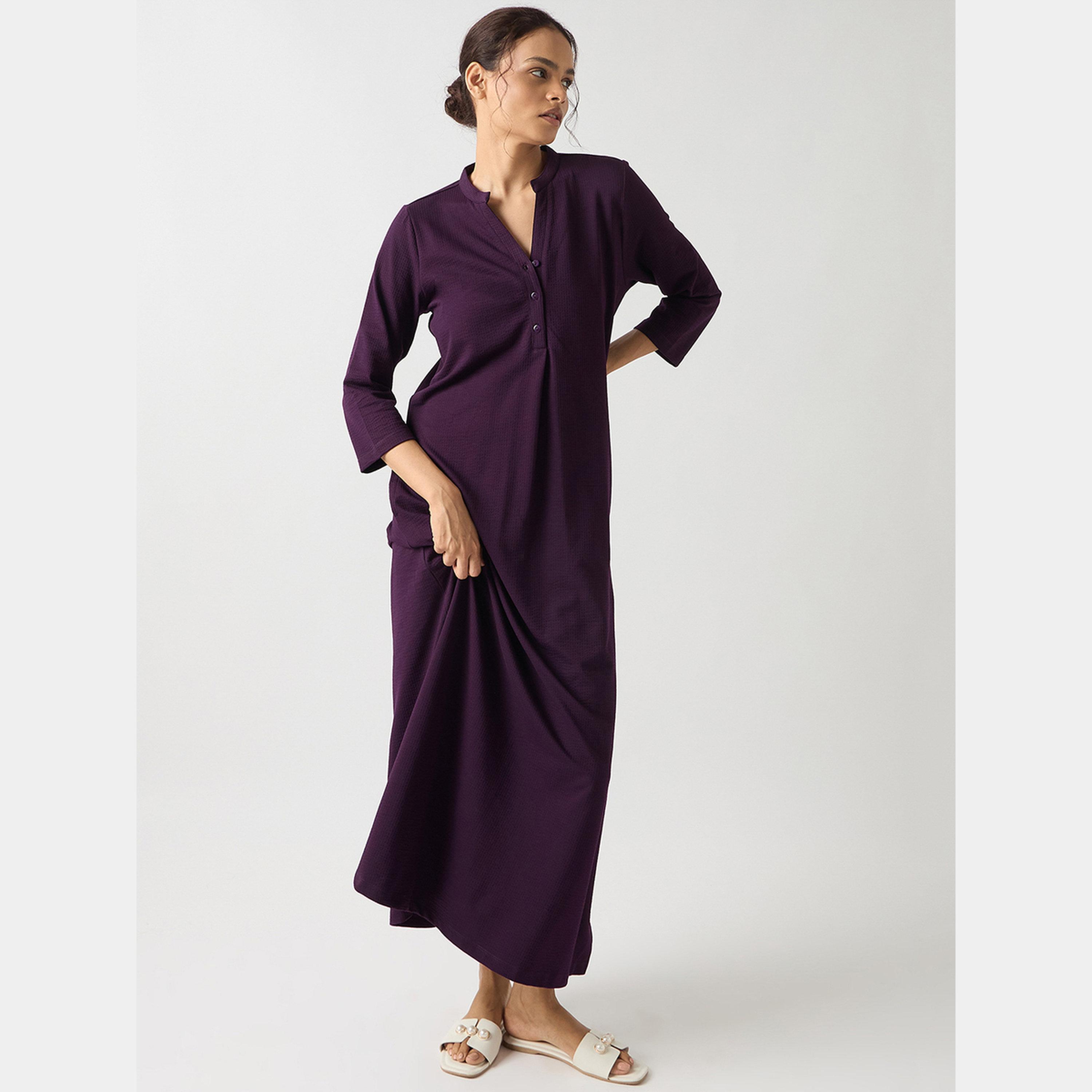 فيميلا - فستان ماكسي نسائي من القطن المحبب بأكمام 3/4 وفتحة من اللون الأرجواني-women-clothing-dresses-image-6