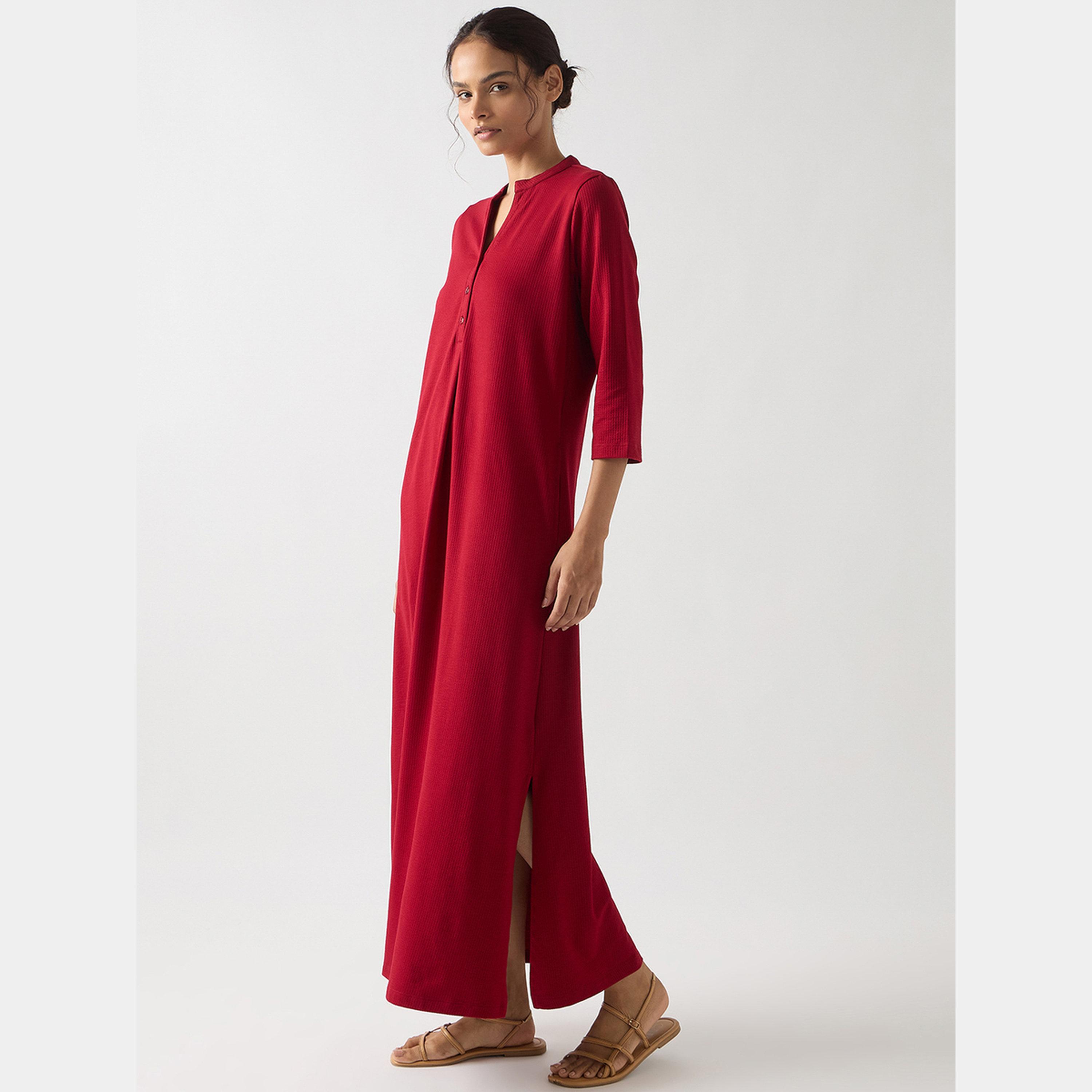 فيميلا - فستان ماكسي نسائي من القطن المحبوك بأكمام 3/4 وفتحة باللون الأحمر-women-clothing-dresses-image-2