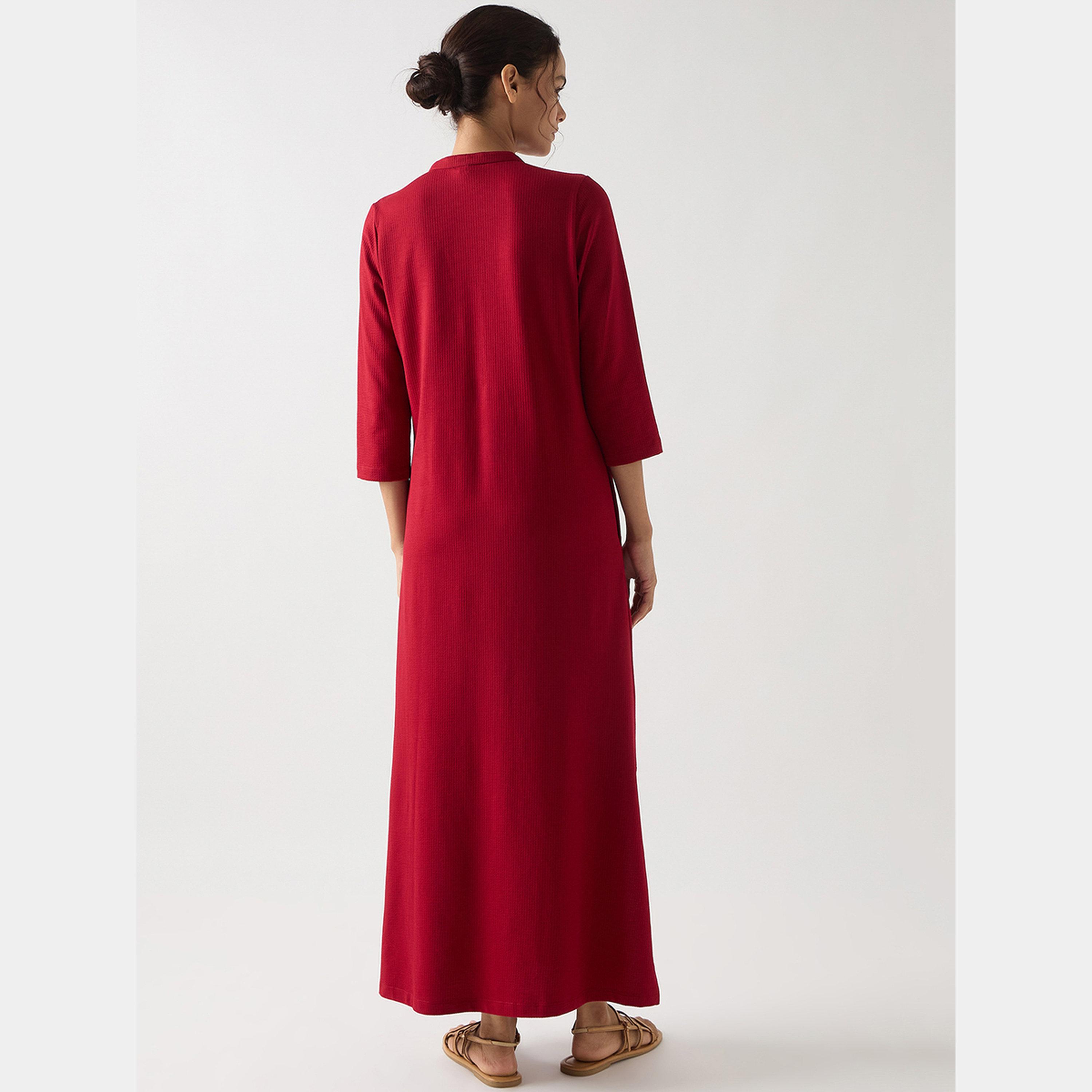 فيميلا - فستان ماكسي نسائي من القطن المحبوك بأكمام 3/4 وفتحة باللون الأحمر-women-clothing-dresses-image-3