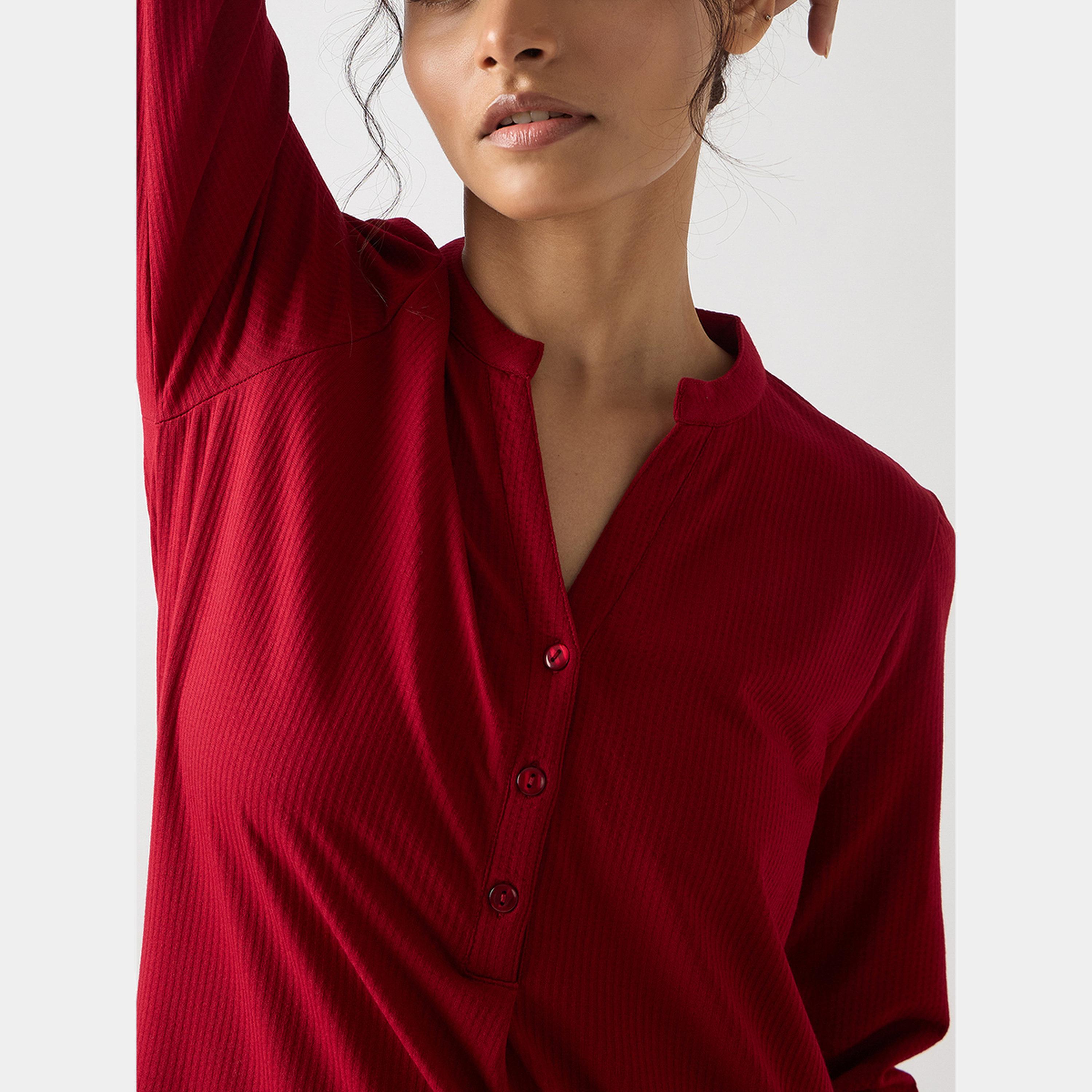 فيميلا - فستان ماكسي نسائي من القطن المحبوك بأكمام 3/4 وفتحة باللون الأحمر-women-clothing-dresses-image-4