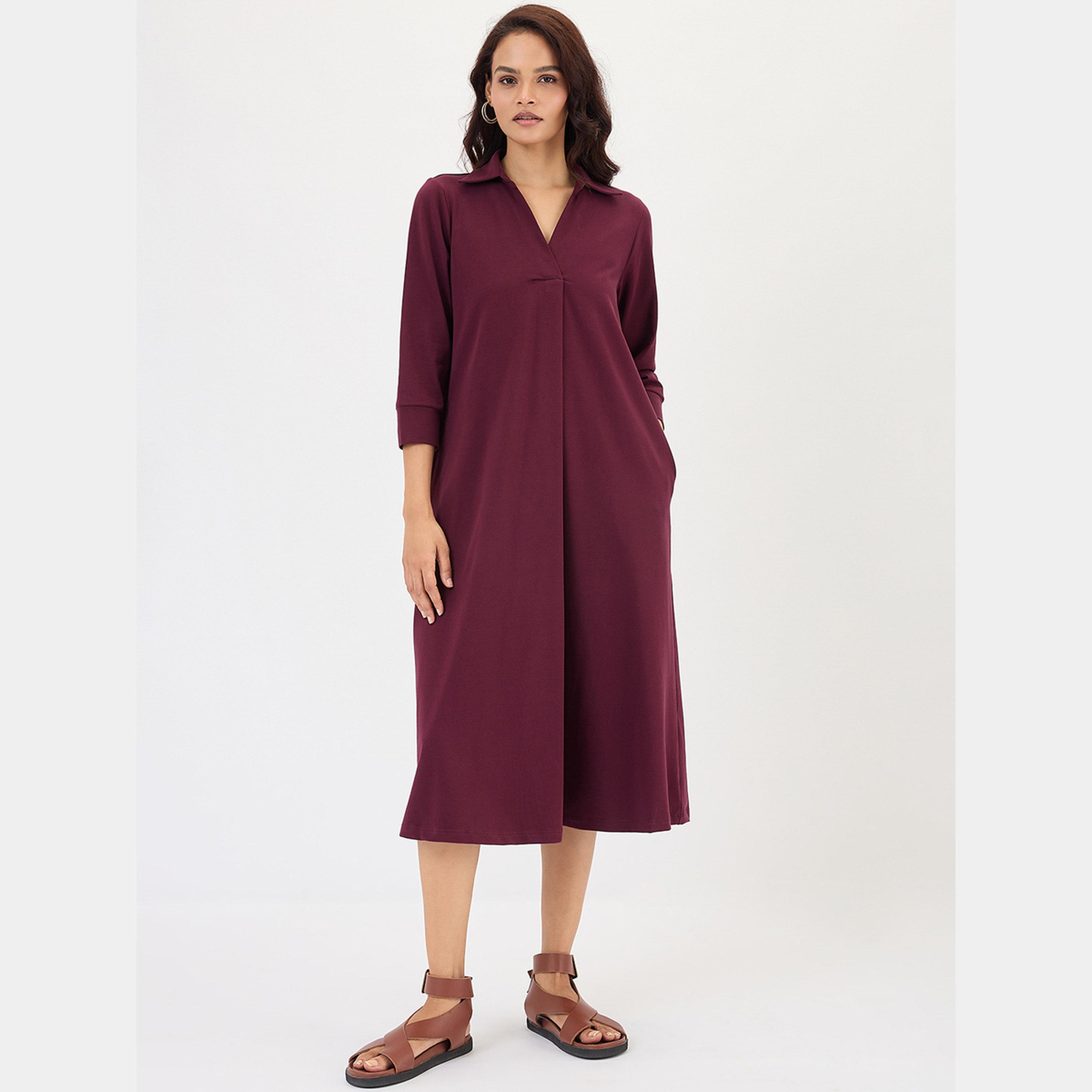 فيميلا - فستان متوسط الطول نسائي بلون النبيذ، بياقة سادة وأكمام 3/4، بتصميم A-women-clothing-dresses-image-1