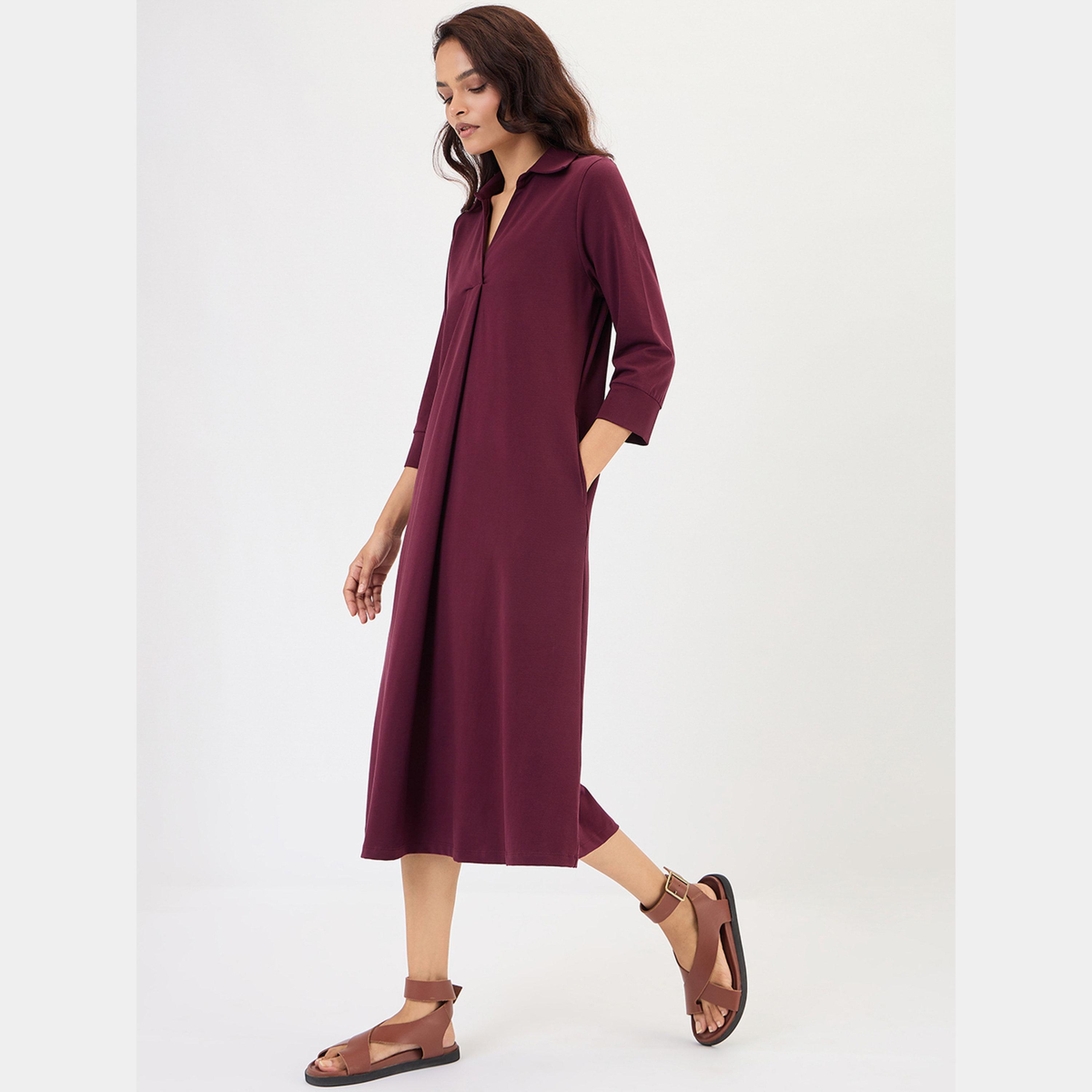 فيميلا - فستان متوسط الطول نسائي بلون النبيذ، بياقة سادة وأكمام 3/4، بتصميم A-women-clothing-dresses-image-2