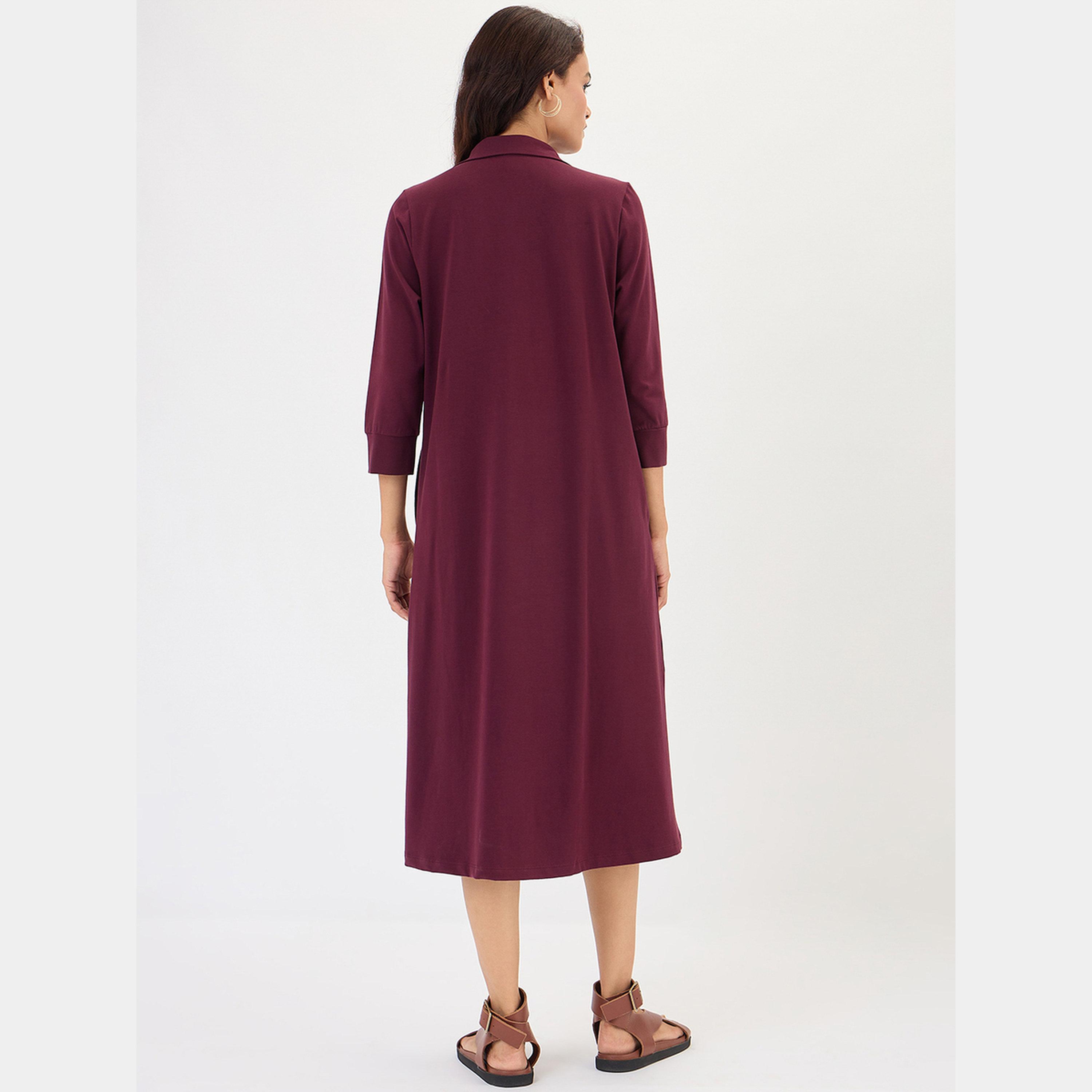 فيميلا - فستان متوسط الطول نسائي بلون النبيذ، بياقة سادة وأكمام 3/4، بتصميم A-women-clothing-dresses-image-3