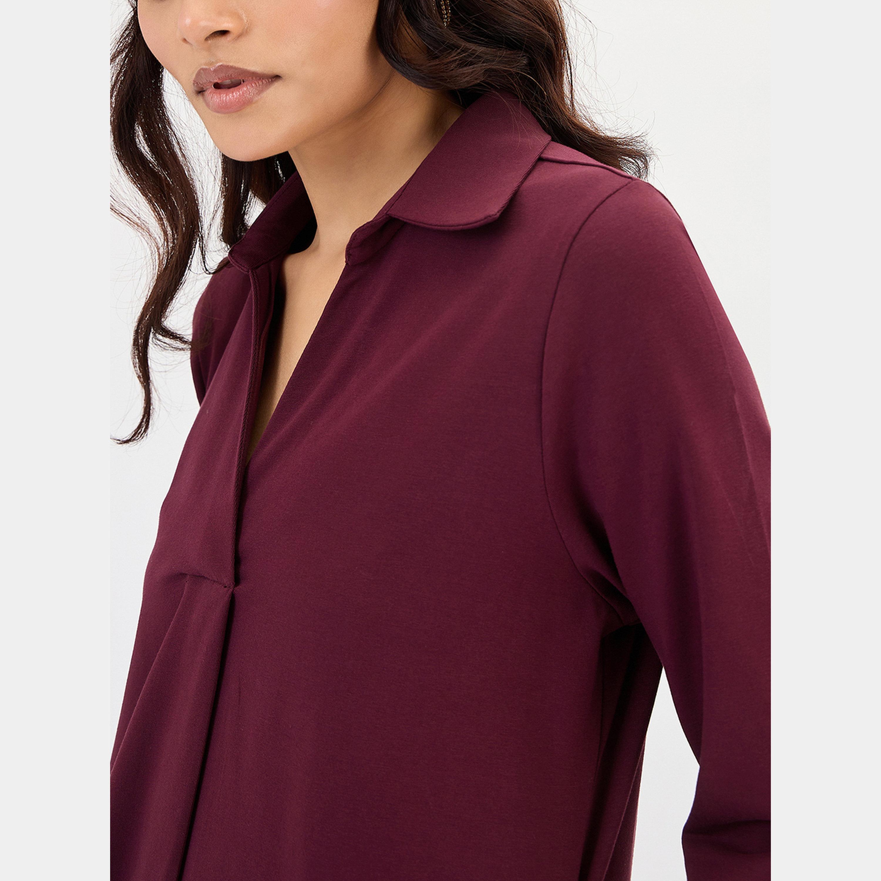 فيميلا - فستان متوسط الطول نسائي بلون النبيذ، بياقة سادة وأكمام 3/4، بتصميم A-women-clothing-dresses-image-4