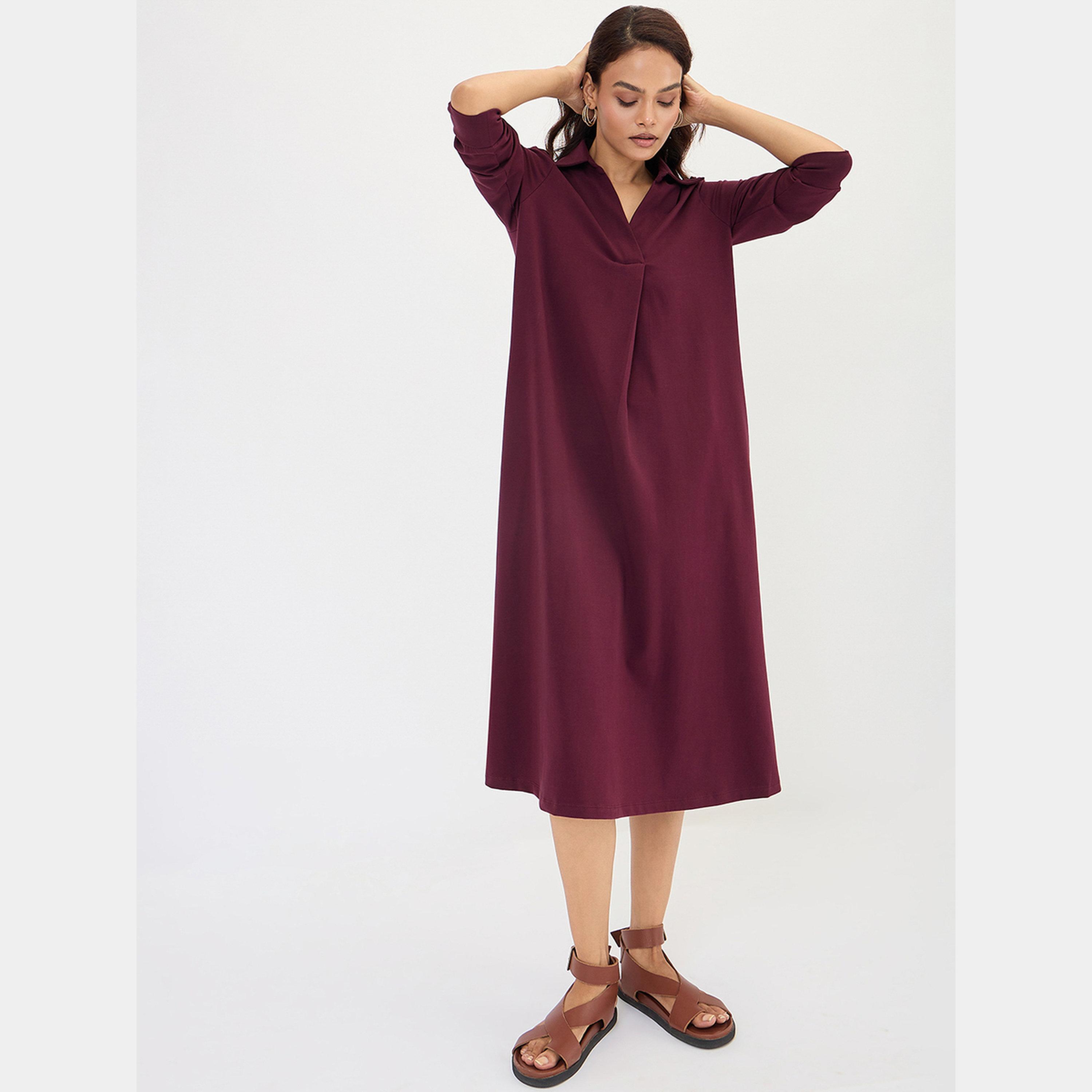 فيميلا - فستان متوسط الطول نسائي بلون النبيذ، بياقة سادة وأكمام 3/4، بتصميم A-women-clothing-dresses-image-6