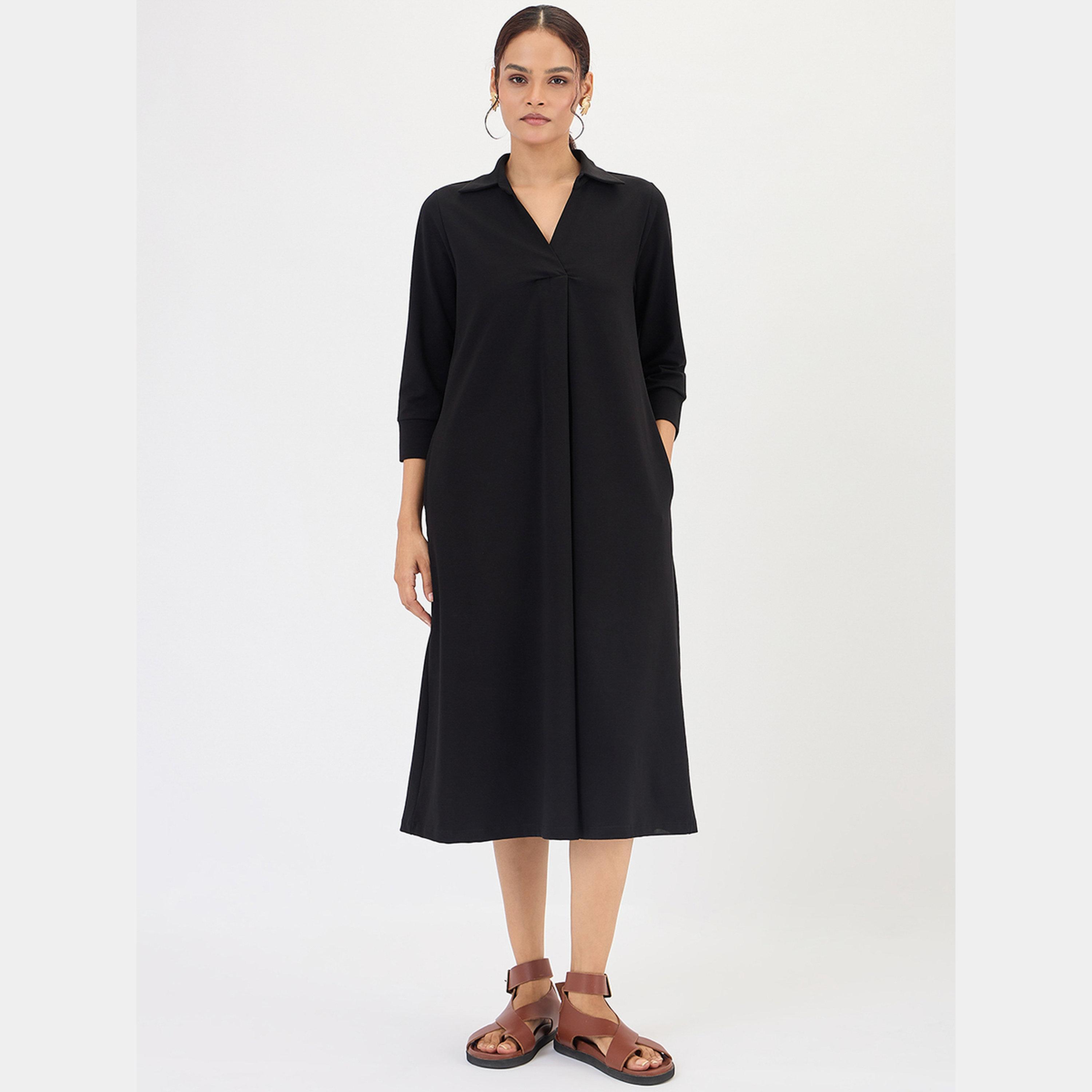 Femmella Black Solid Collared 3/4 Sleeves Women's A-line Midi Dress-women-clothing-dresses-image-1