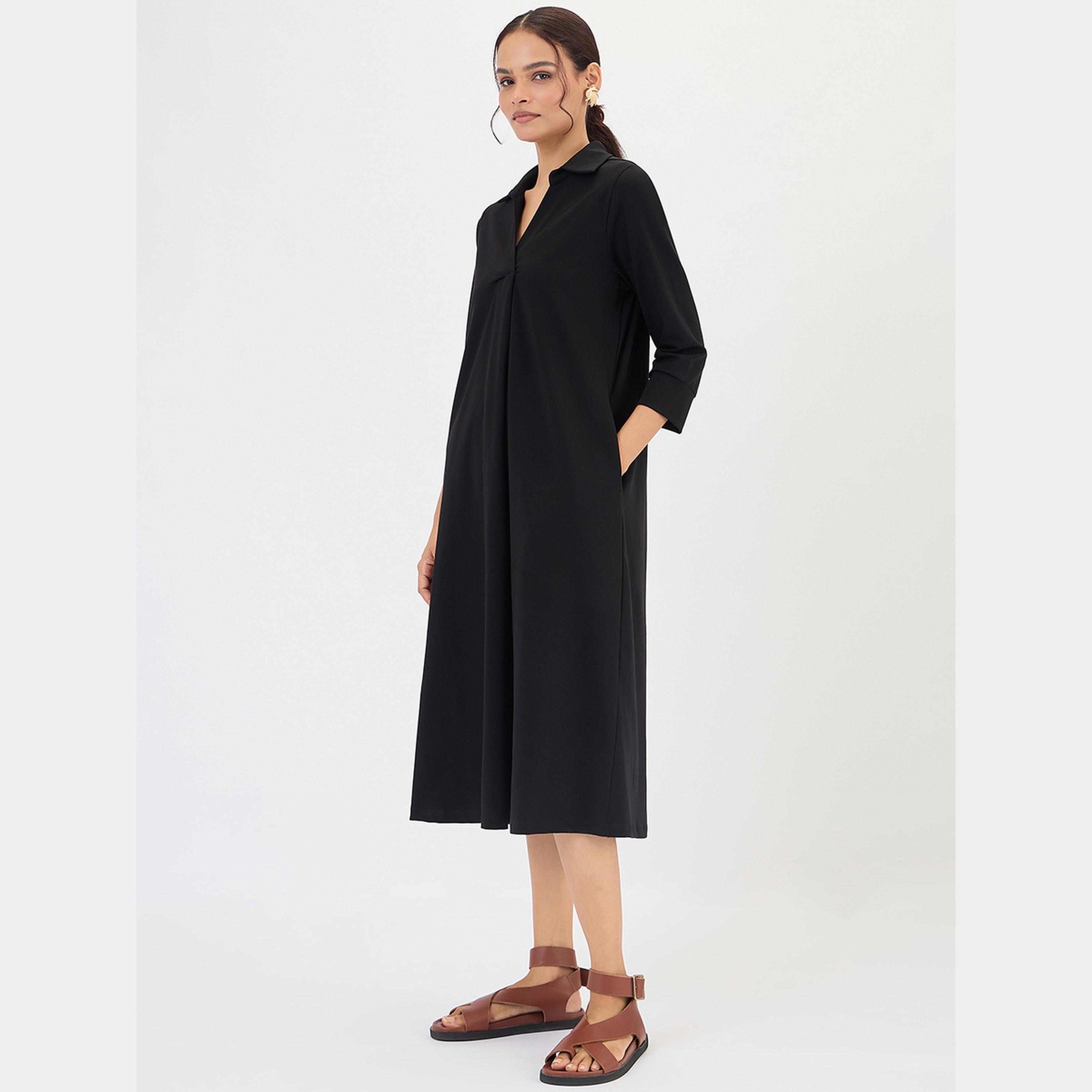 فيميلا - فستان متوسط الطول أسود سادة بأكمام 3/4 وياقة نسائية-women-clothing-dresses-image-2