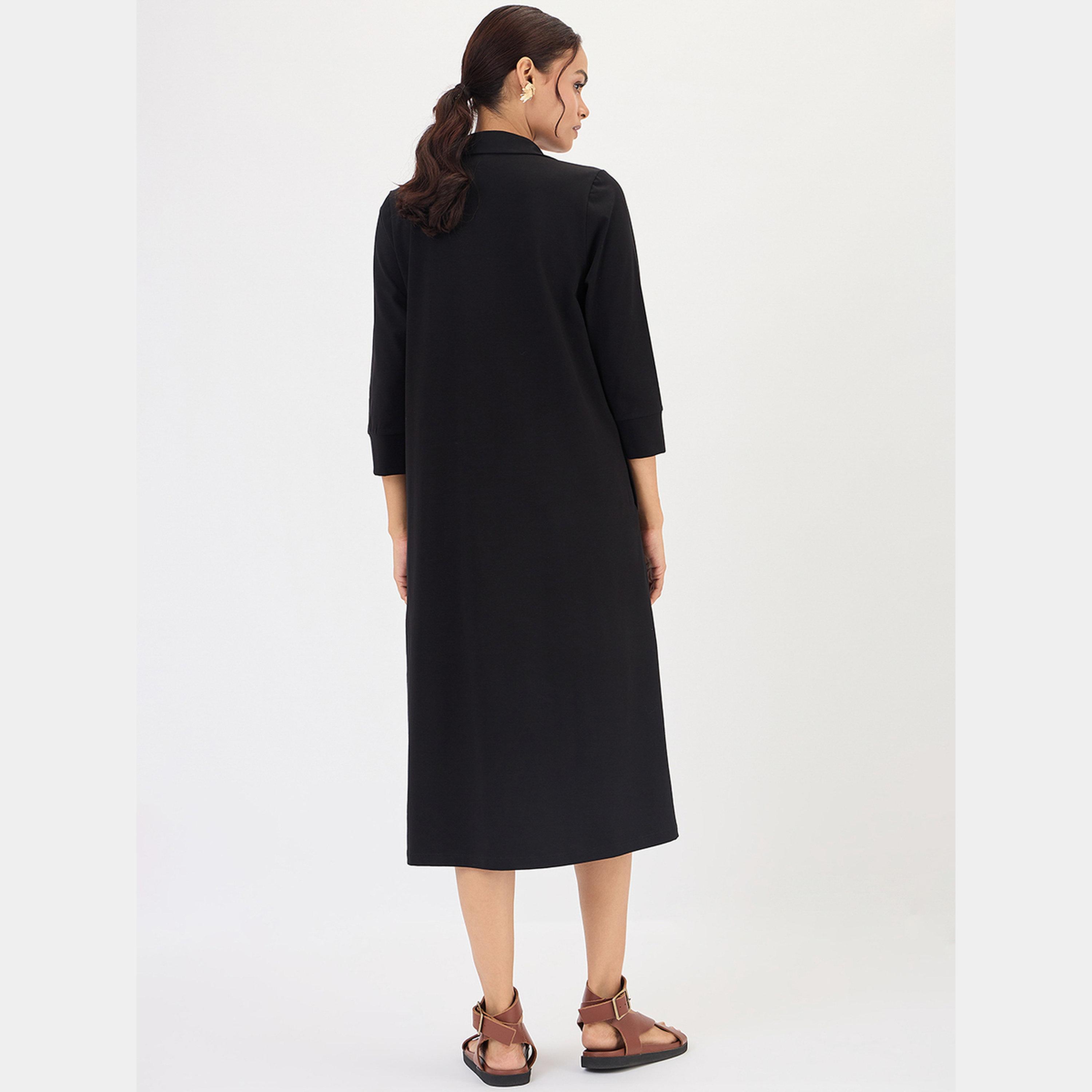 Femmella Black Solid Collared 3/4 Sleeves Women's A-line Midi Dress-women-clothing-dresses-image-3