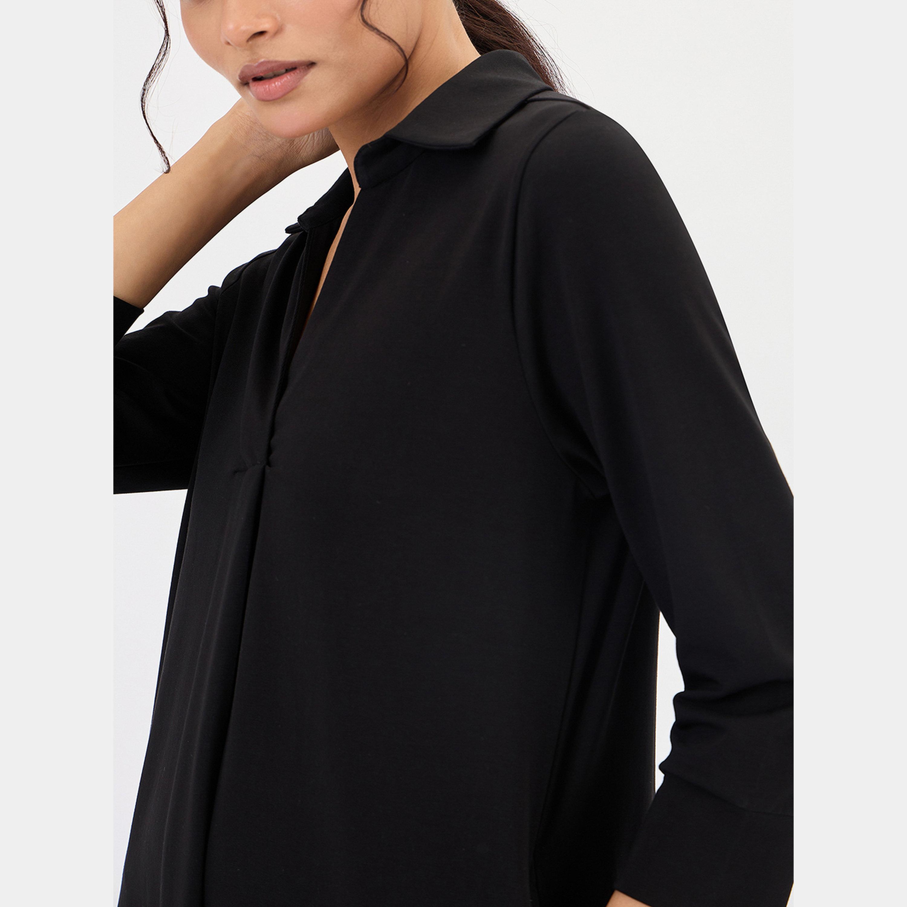 فيميلا - فستان متوسط الطول أسود سادة بأكمام 3/4 وياقة نسائية-women-clothing-dresses-image-4