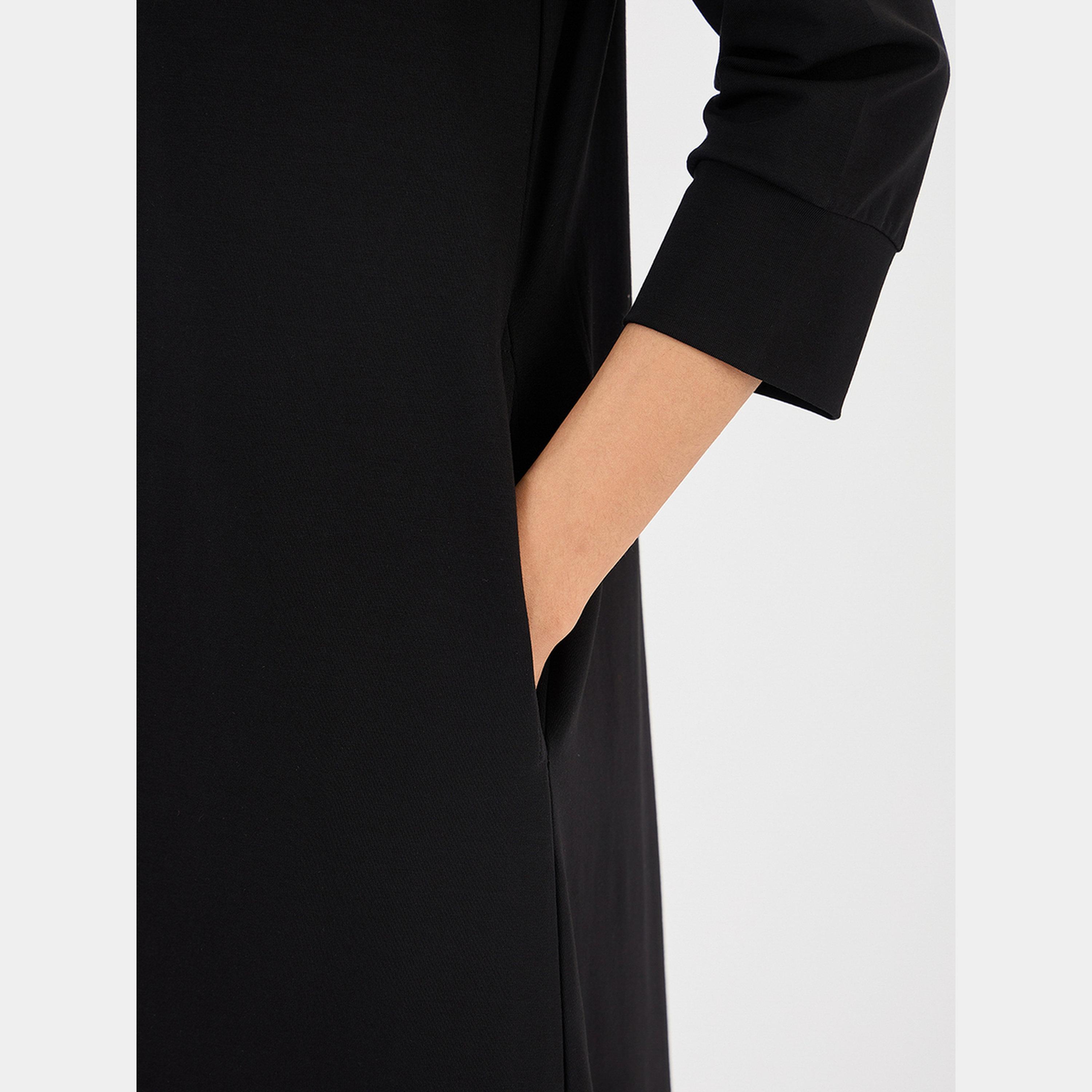 فيميلا - فستان متوسط الطول أسود سادة بأكمام 3/4 وياقة نسائية-women-clothing-dresses-image-5