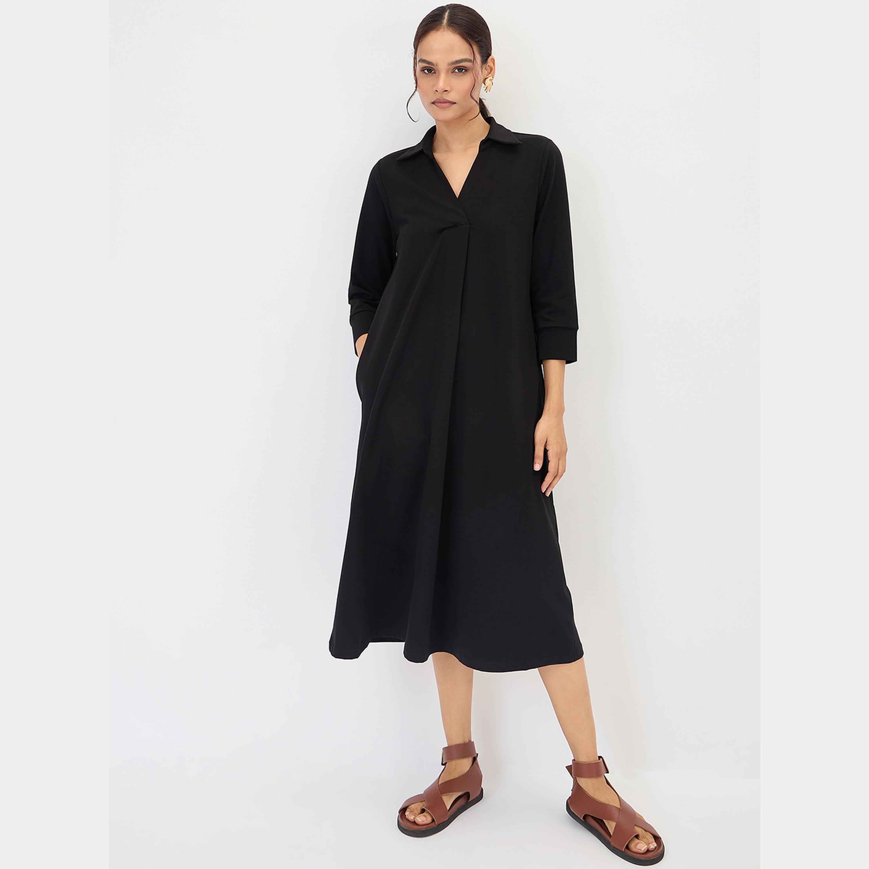 Femmella Black Solid Collared 3/4 Sleeves Women's A-line Midi Dress-women-clothing-dresses-image-6