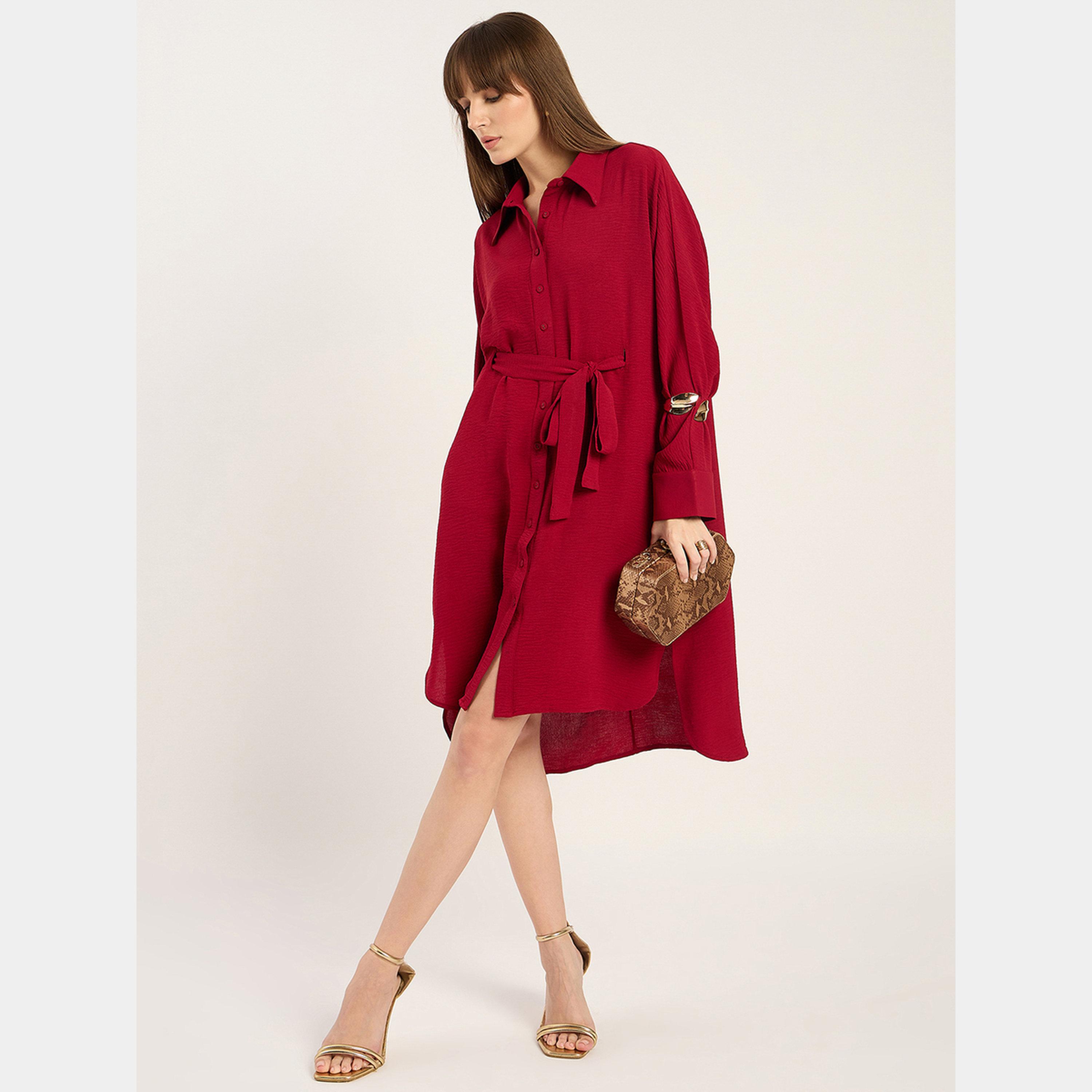 Femmella Maroon Collared Long Sleeves Women's Button Down Shirt Midi Dress with Belt-women-clothing-dresses-image-4