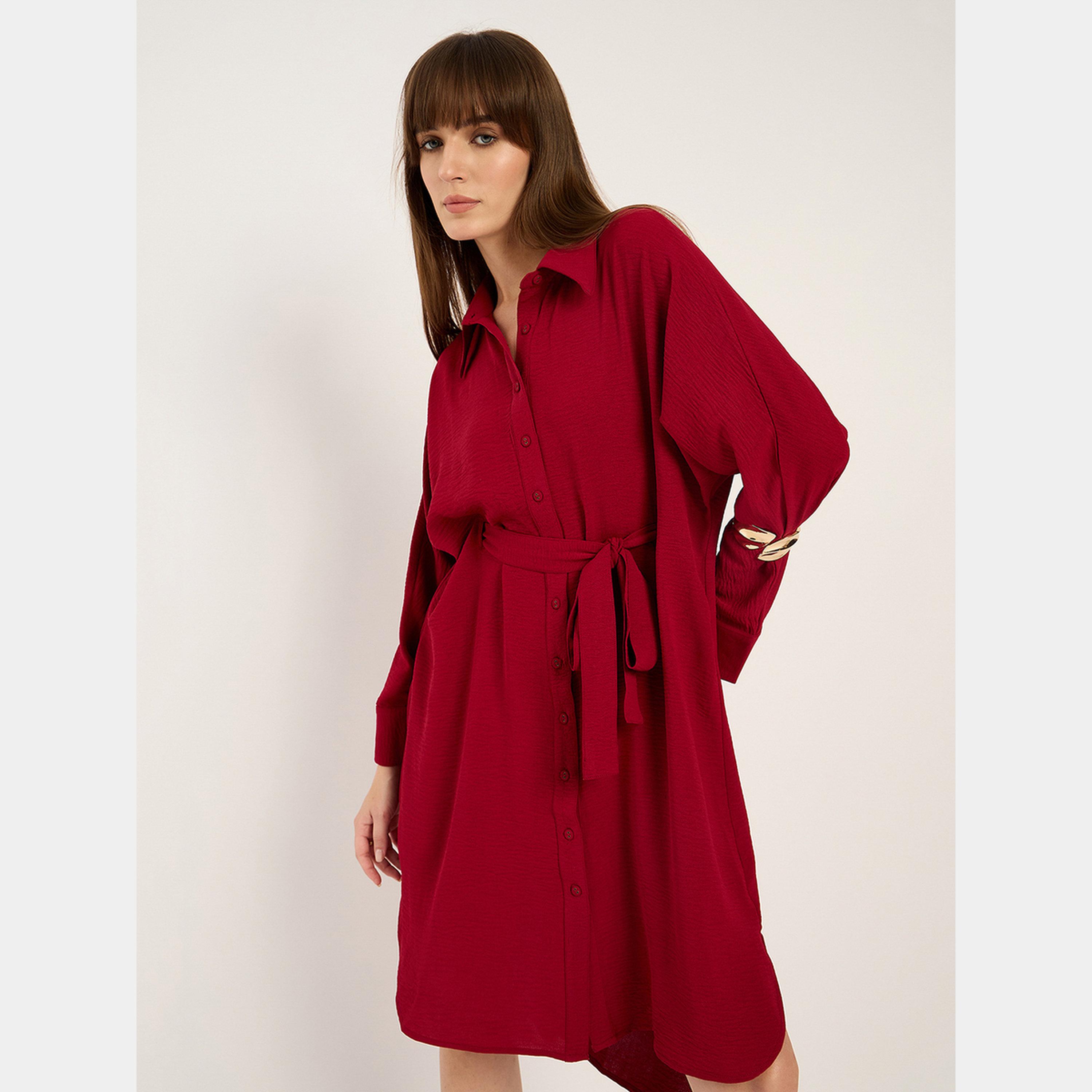 Femmella Maroon Collared Long Sleeves Women's Button Down Shirt Midi Dress with Belt-women-clothing-dresses-image-5