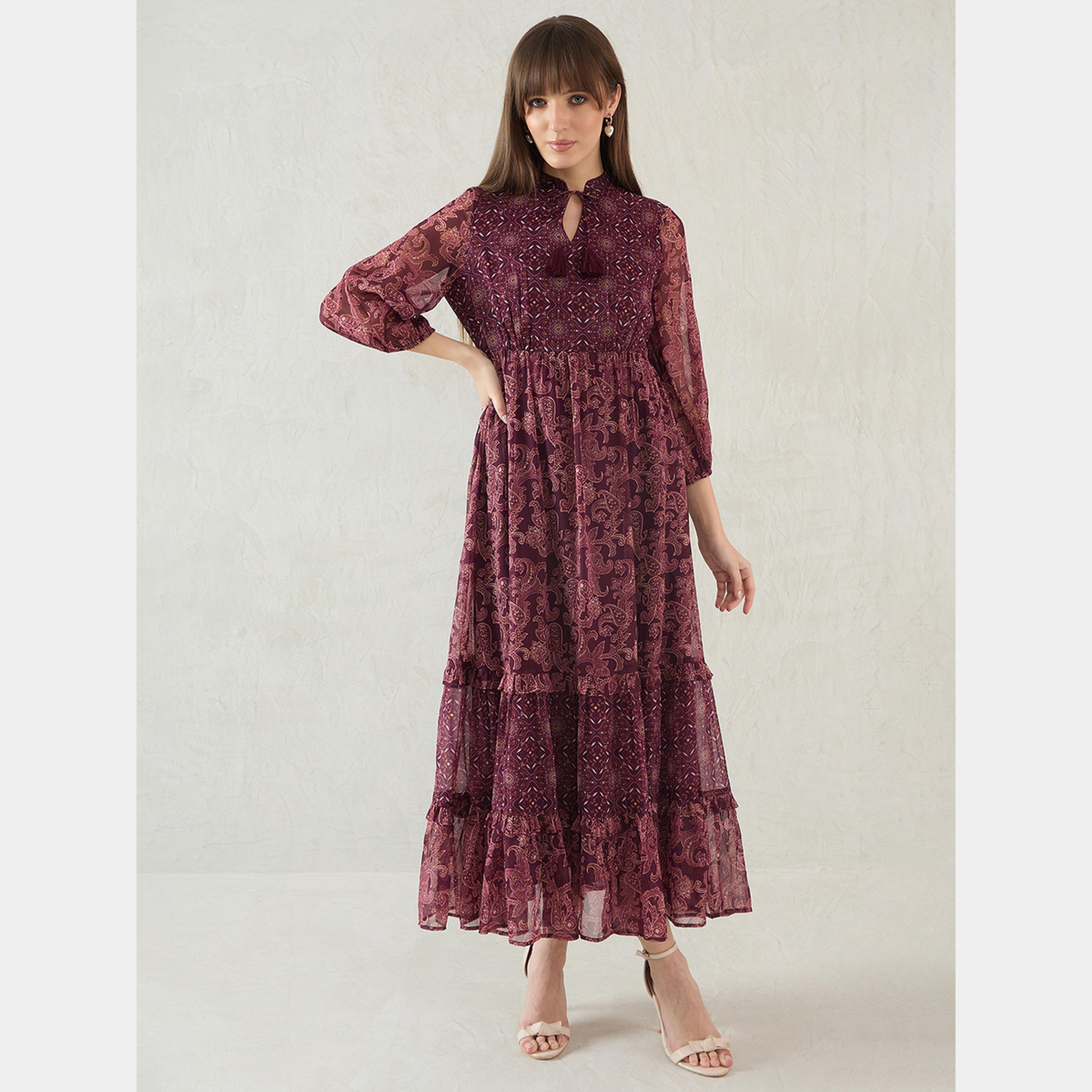 فيميلا - فستان ماكسي متعدد الطبقات رباط حول الرقبة وأكمام منتفخة للنساء-women-clothing-dresses-image-1