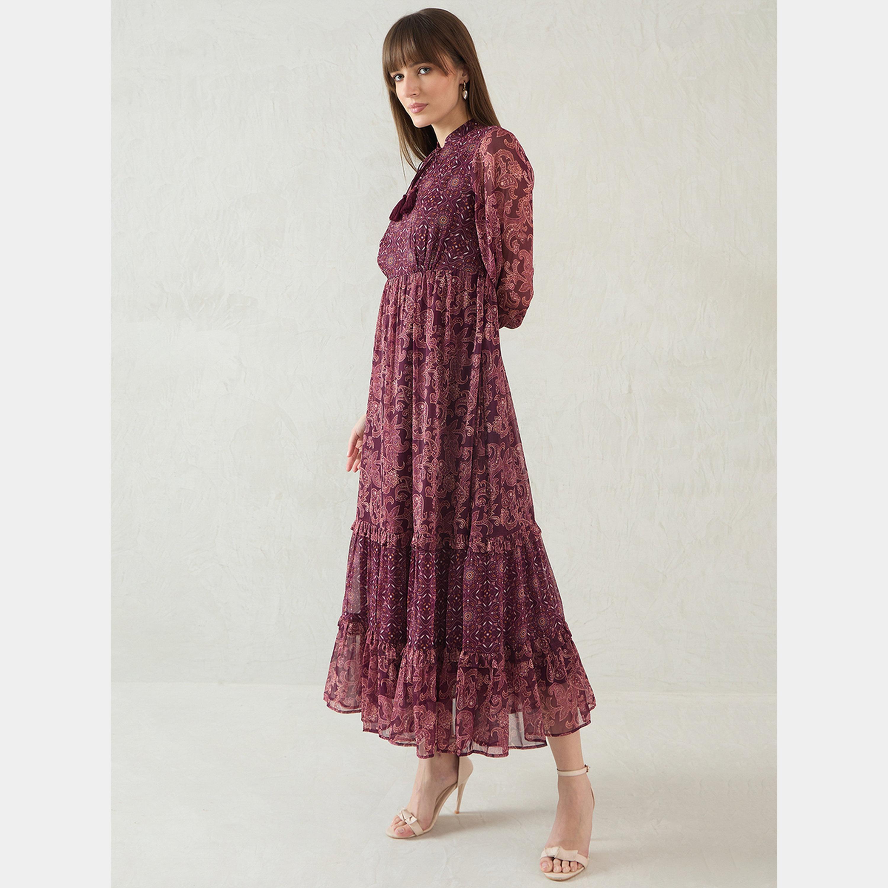 فيميلا - فستان ماكسي متعدد الطبقات رباط حول الرقبة وأكمام منتفخة للنساء-women-clothing-dresses-image-2