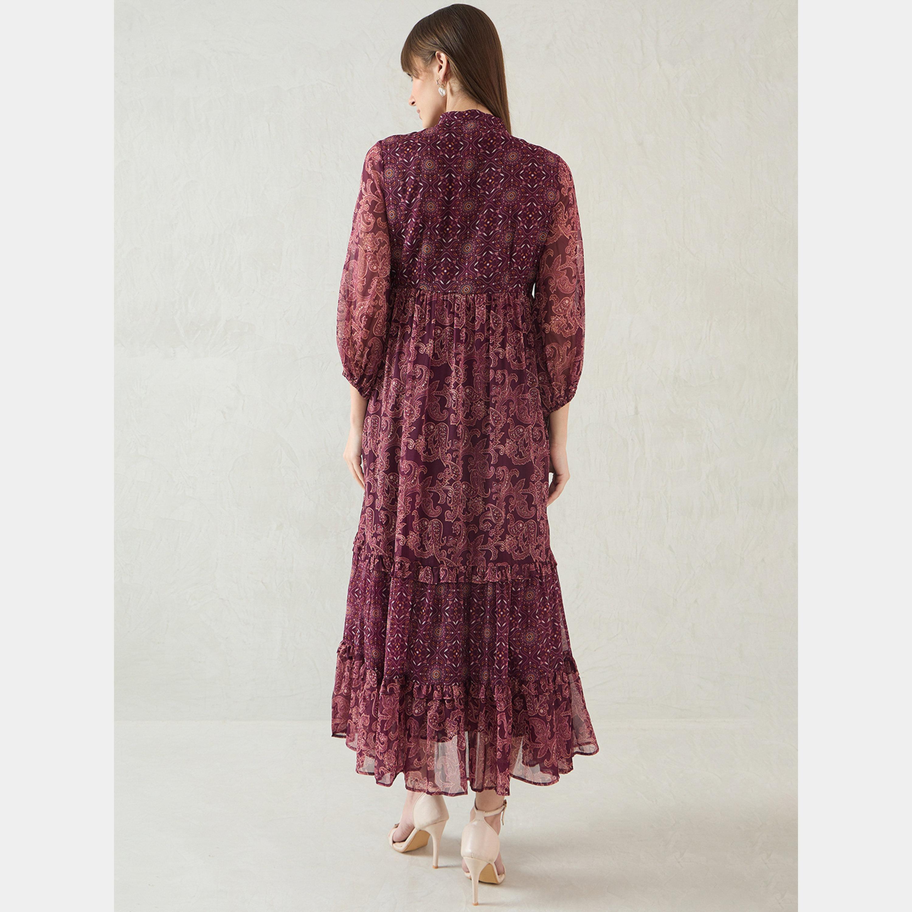فيميلا - فستان ماكسي متعدد الطبقات رباط حول الرقبة وأكمام منتفخة للنساء-women-clothing-dresses-image-3