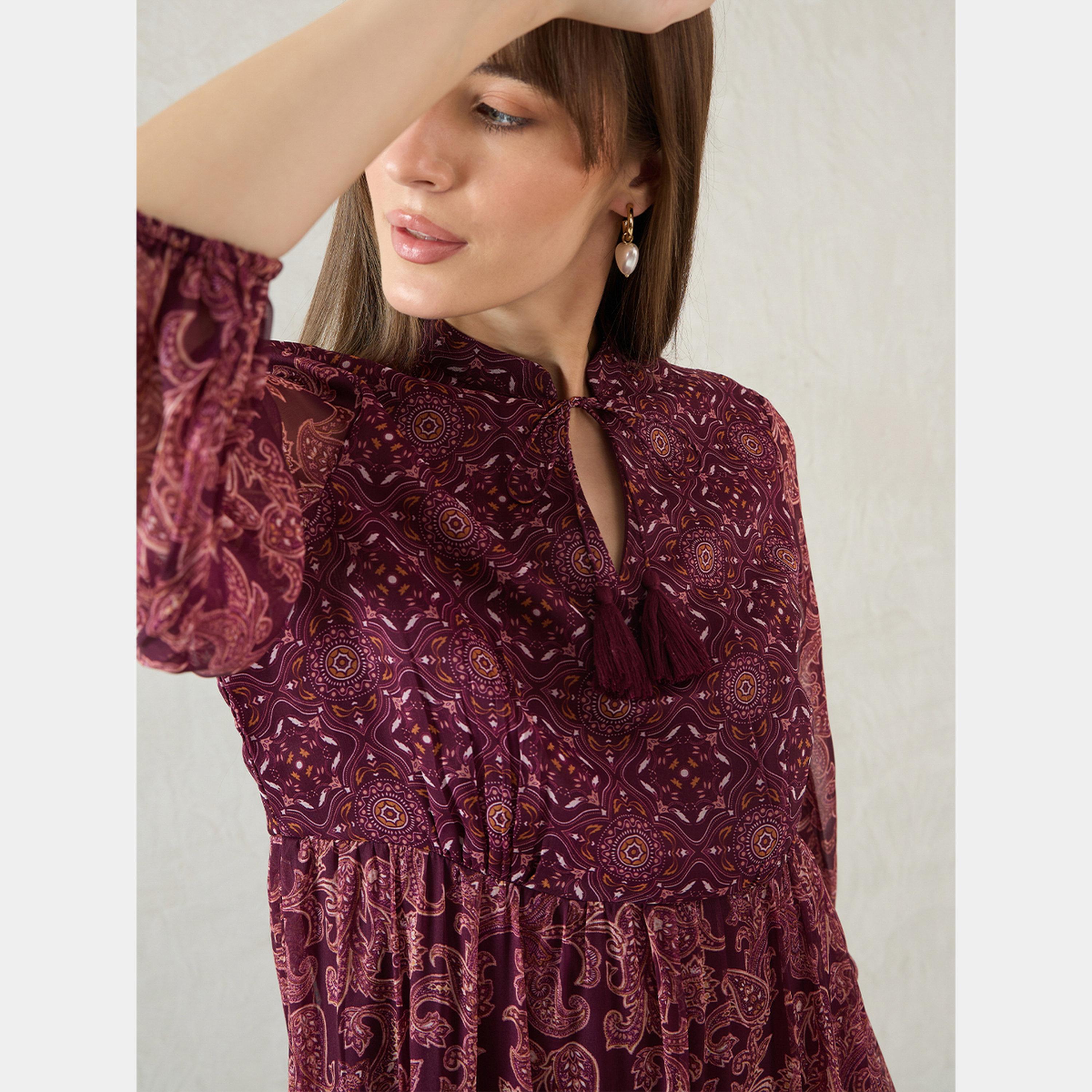 فيميلا - فستان ماكسي متعدد الطبقات رباط حول الرقبة وأكمام منتفخة للنساء-women-clothing-dresses-image-4