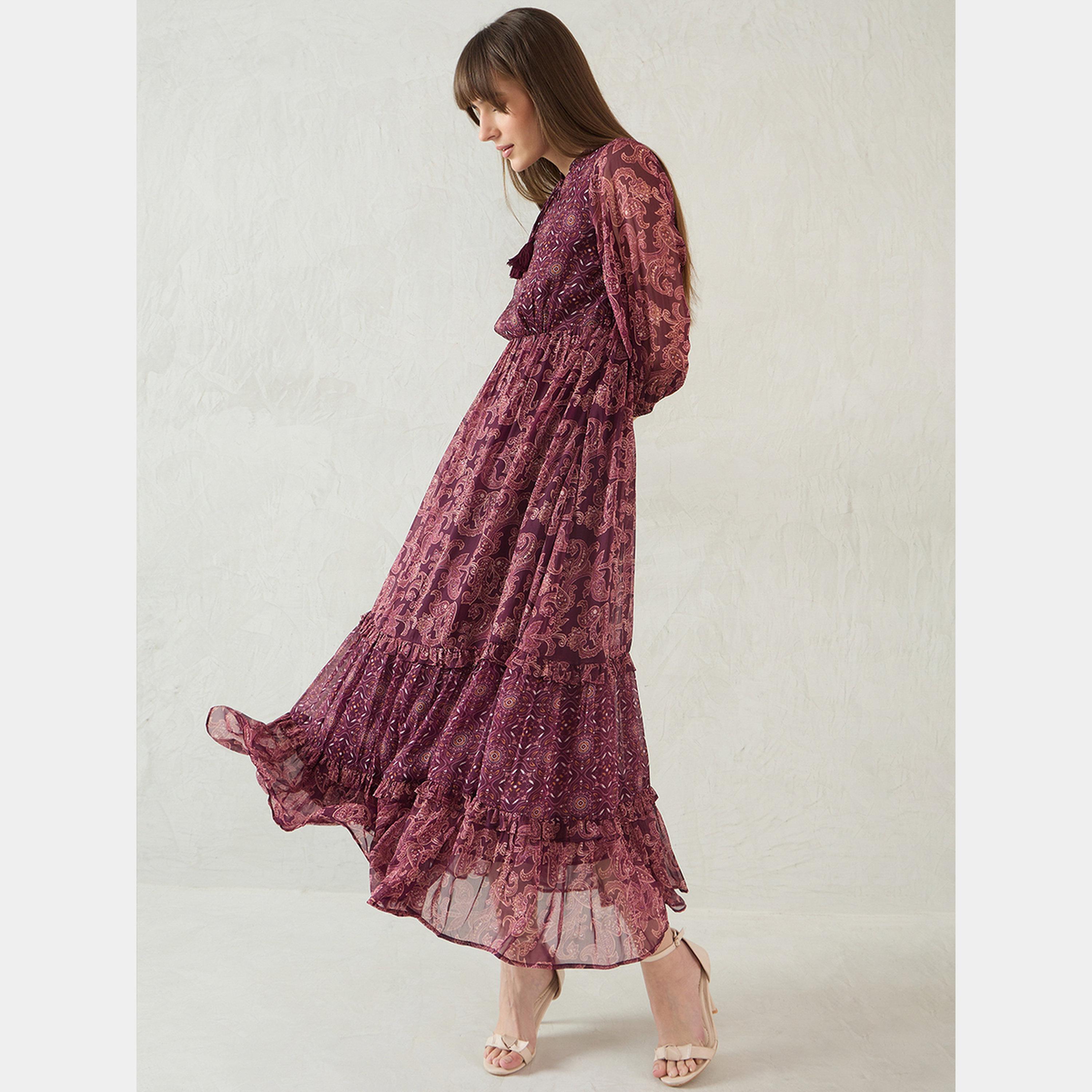 فيميلا - فستان ماكسي متعدد الطبقات رباط حول الرقبة وأكمام منتفخة للنساء-women-clothing-dresses-image-5