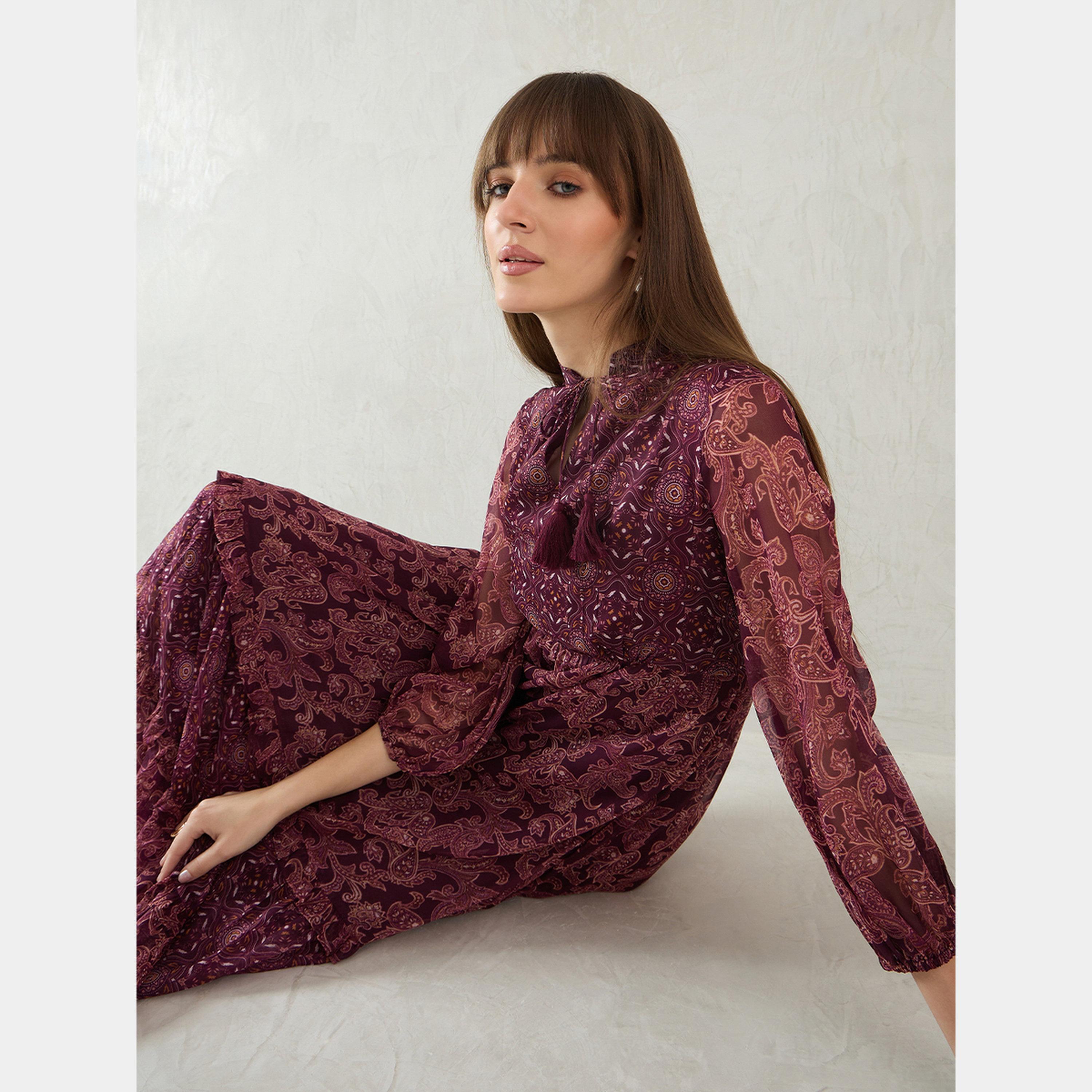 فيميلا - فستان ماكسي متعدد الطبقات رباط حول الرقبة وأكمام منتفخة للنساء-women-clothing-dresses-image-6
