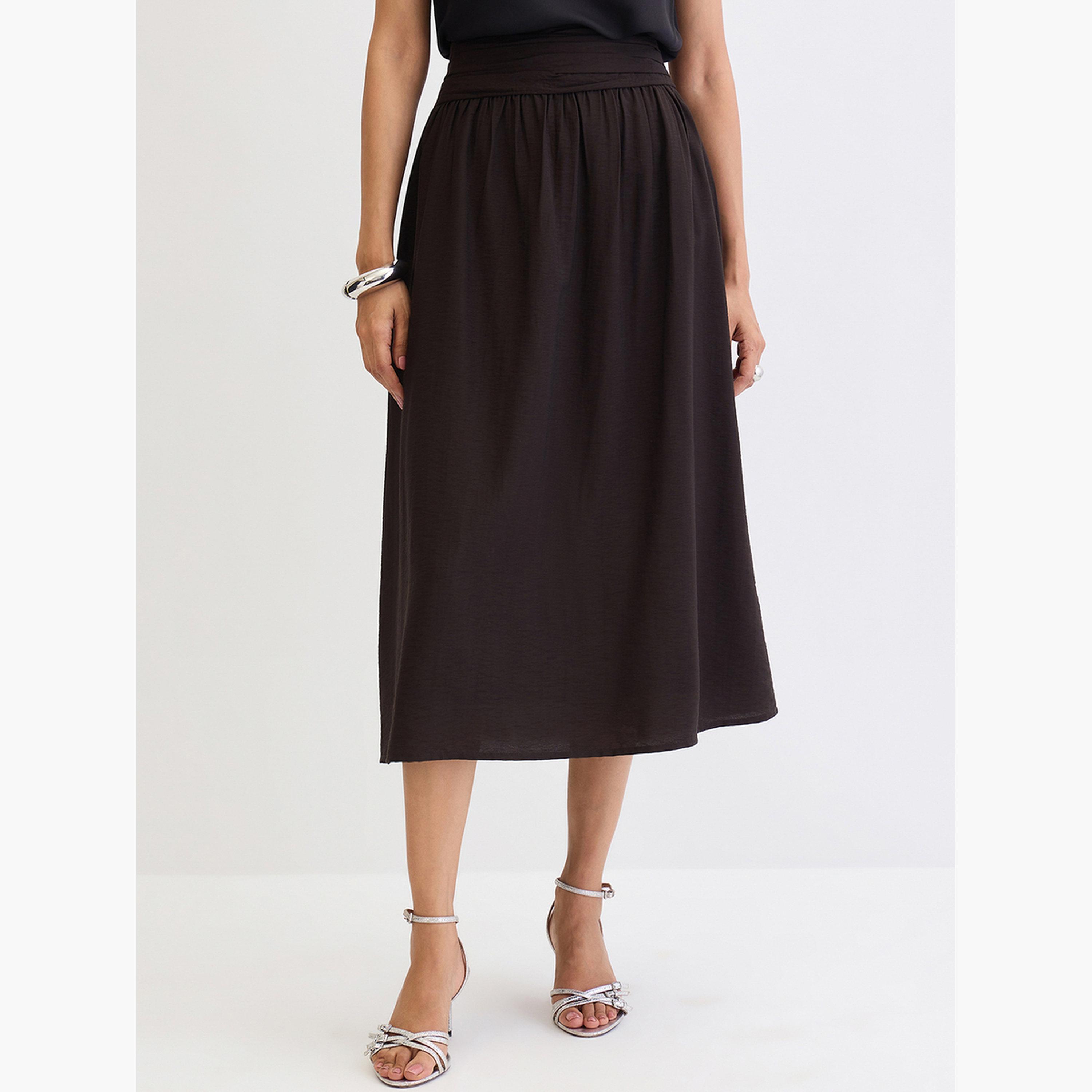 فيميلا - تنورة متوسط الطول سوداء بحزام خصر مطوية-women-clothing-bottoms-skirts-image-1