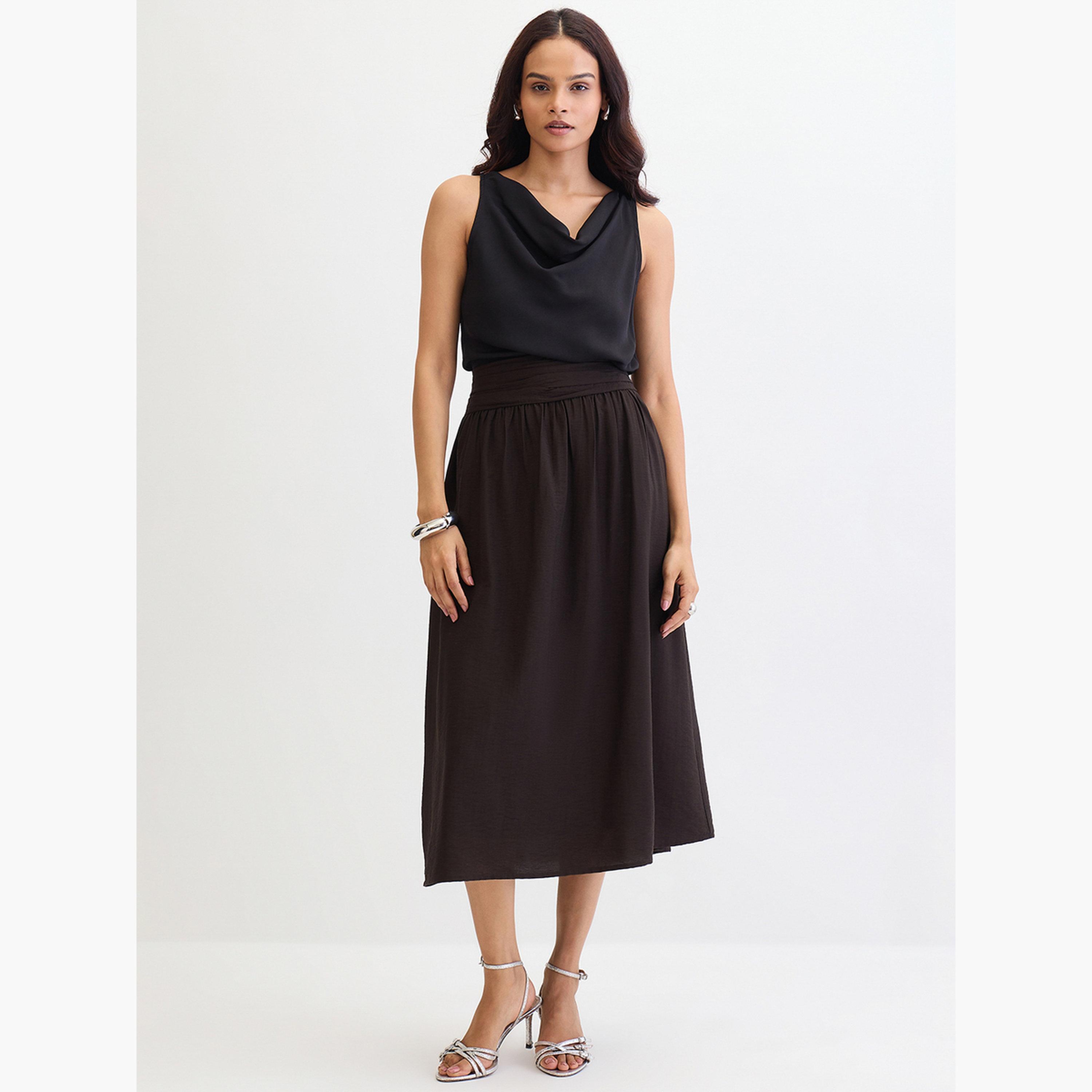 فيميلا - تنورة متوسط الطول سوداء بحزام خصر مطوية-women-clothing-bottoms-skirts-image-2