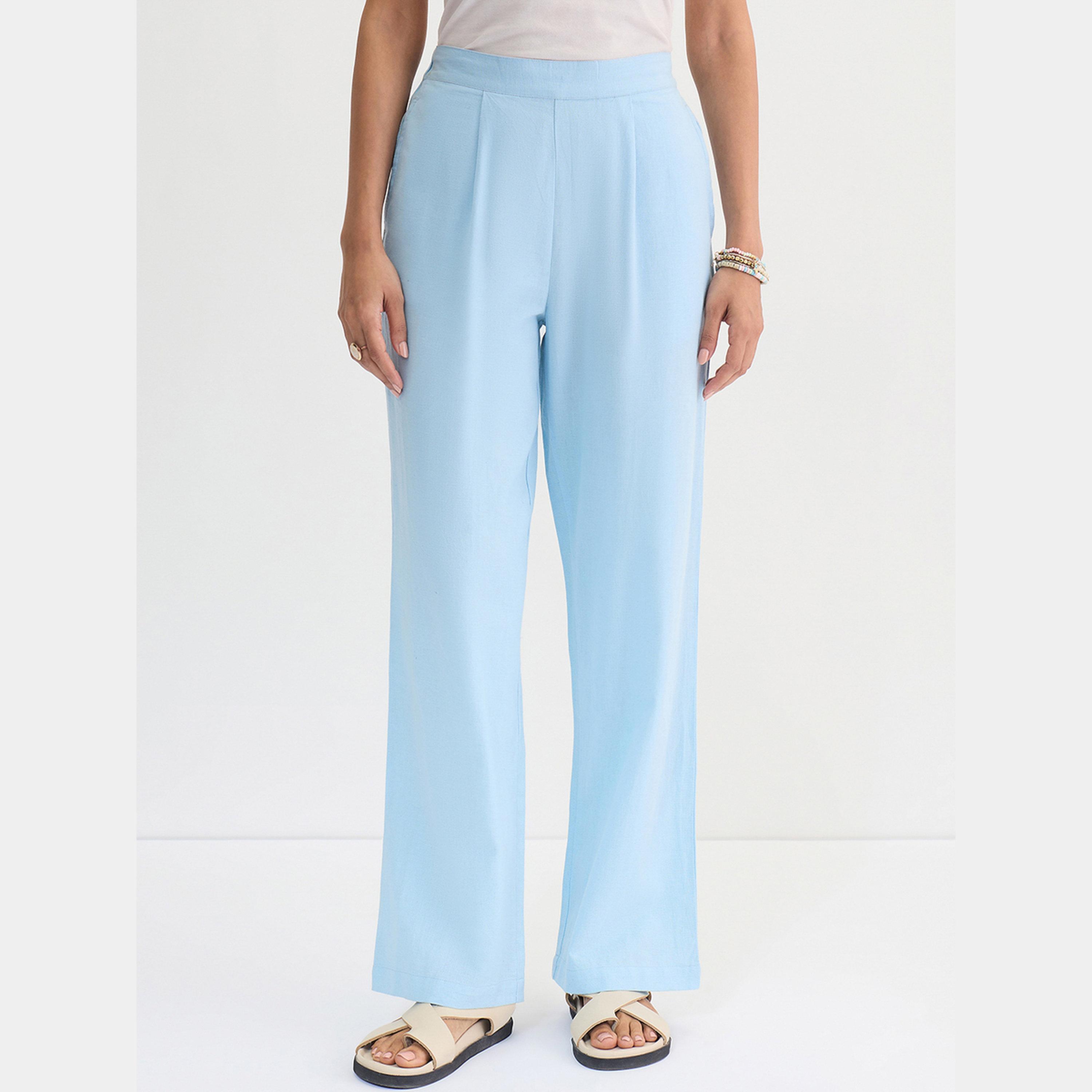 فيميلا - بنطال مستقيم من القطن والكتان باللون الأزرق الفاتح-women-clothing-bottoms-trousers-image-1