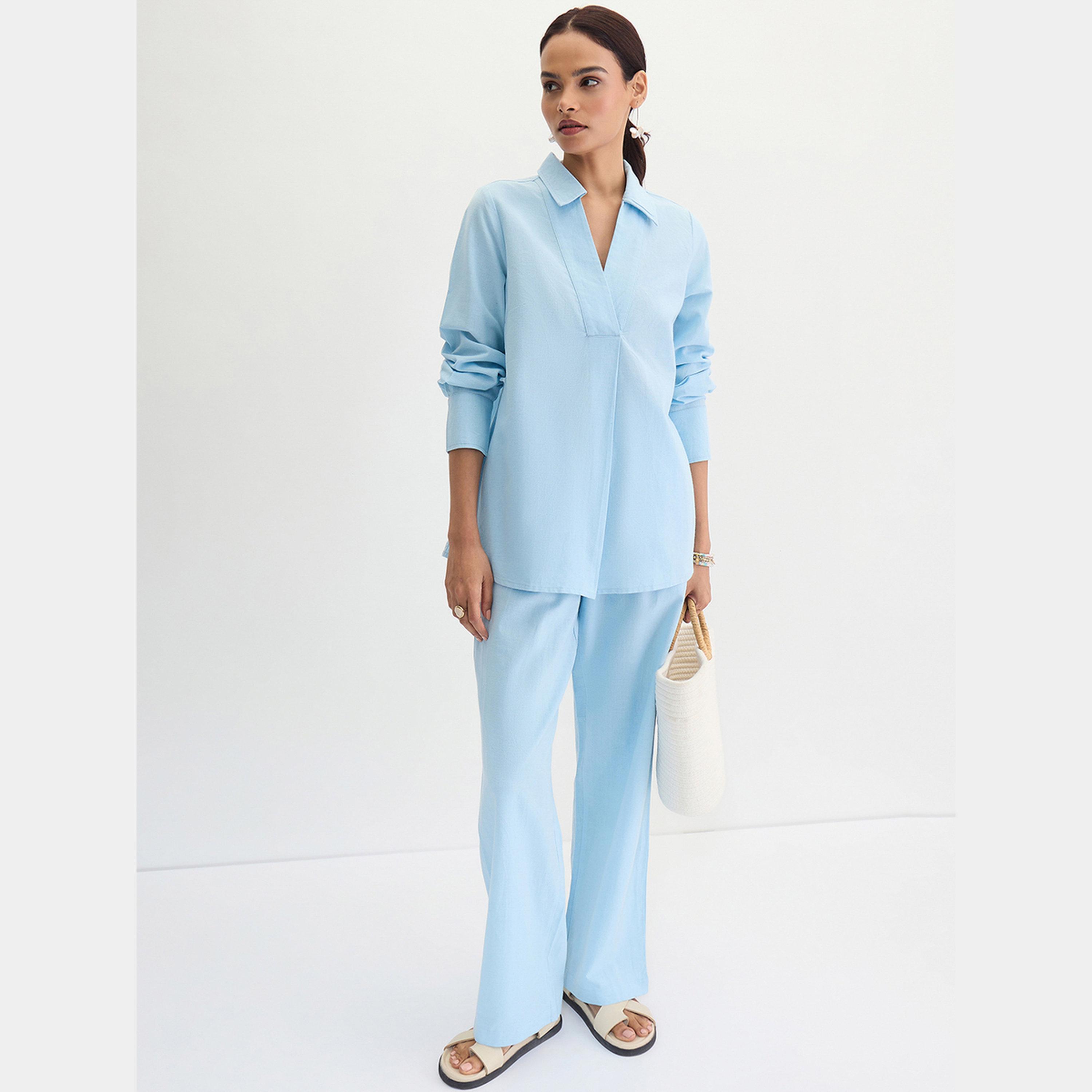 Femmella Light Blue Cotton Linen Straight Pants-women-clothing-bottoms-trousers-image-2