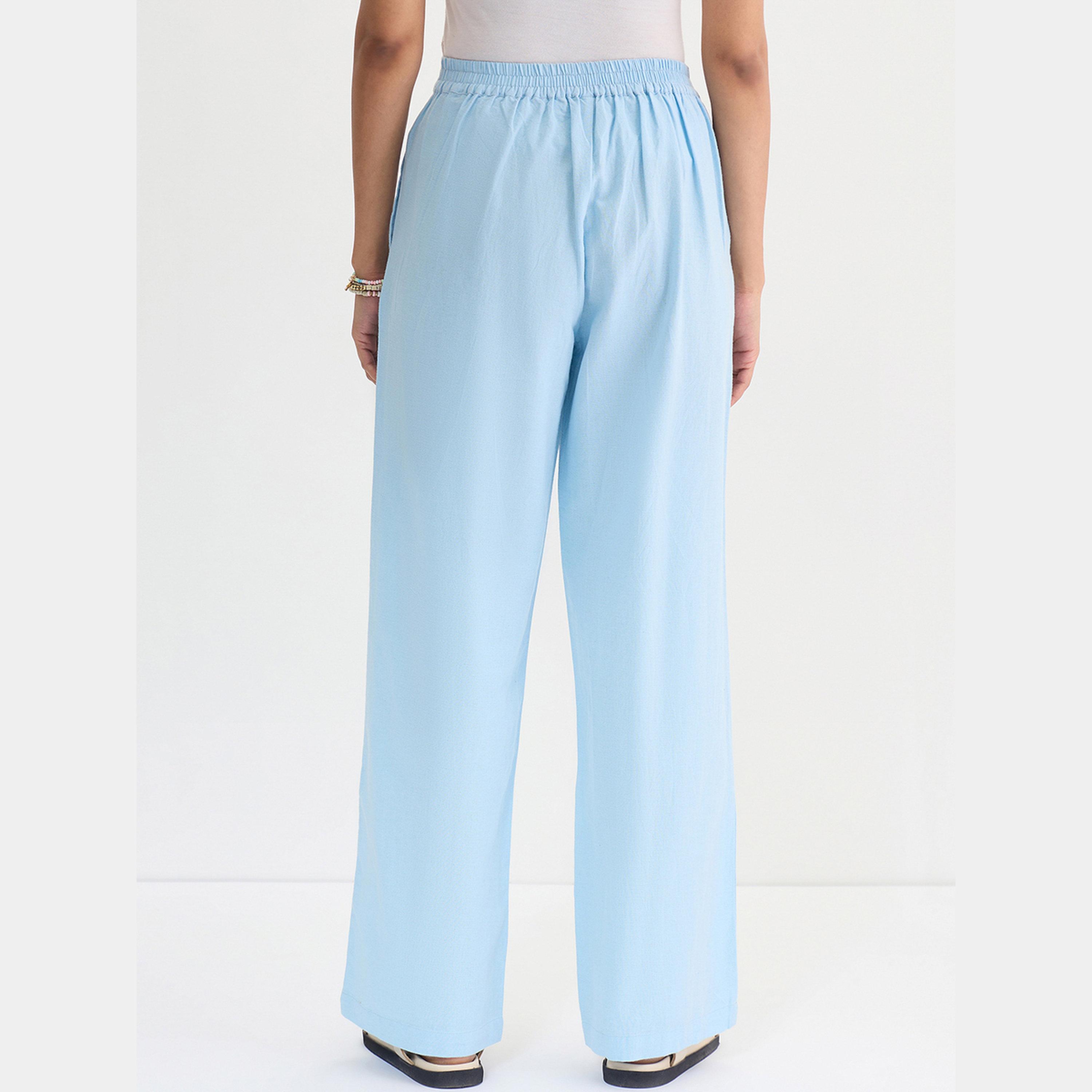فيميلا - بنطال مستقيم من القطن والكتان باللون الأزرق الفاتح-women-clothing-bottoms-trousers-image-3