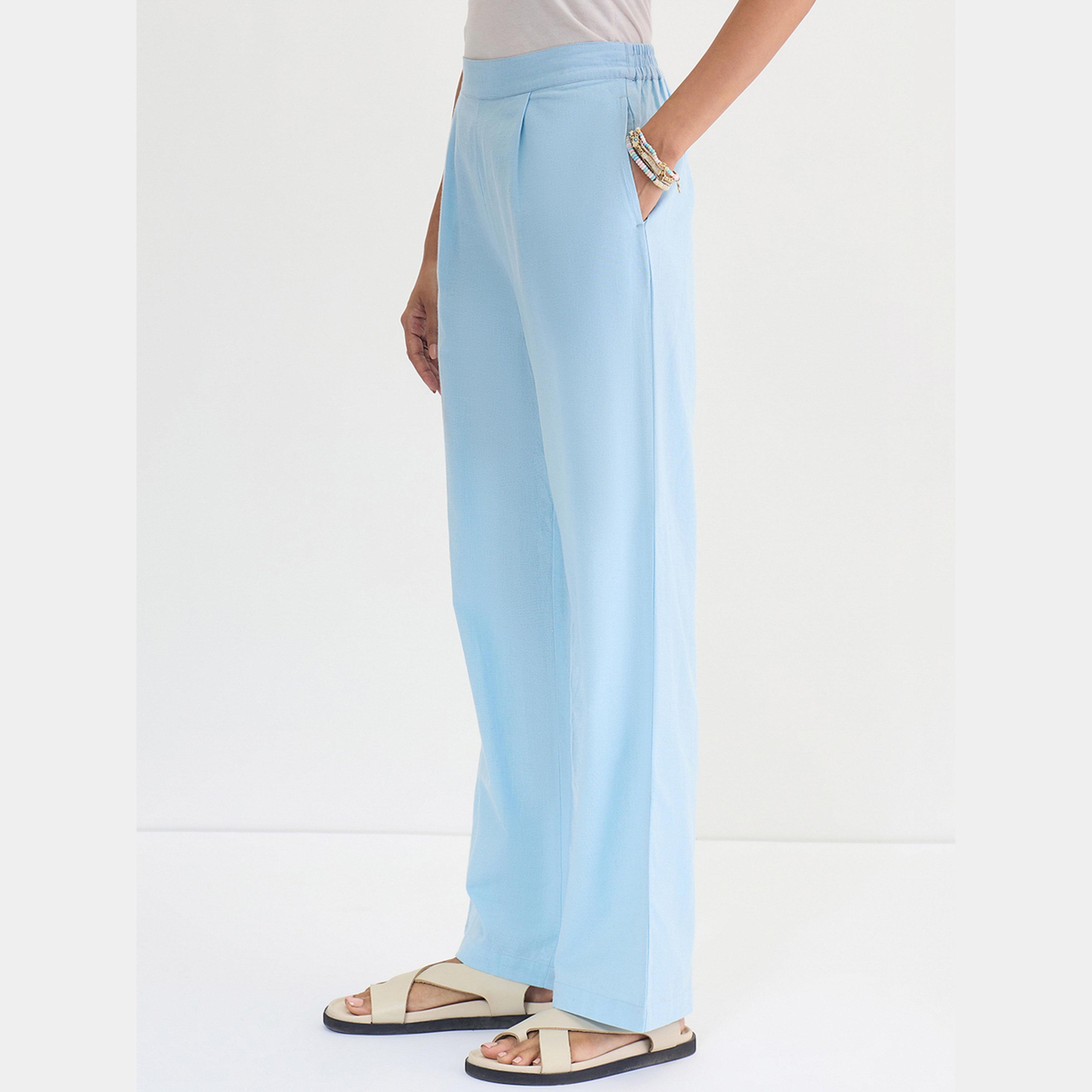 فيميلا - بنطال مستقيم من القطن والكتان باللون الأزرق الفاتح-women-clothing-bottoms-trousers-image-5