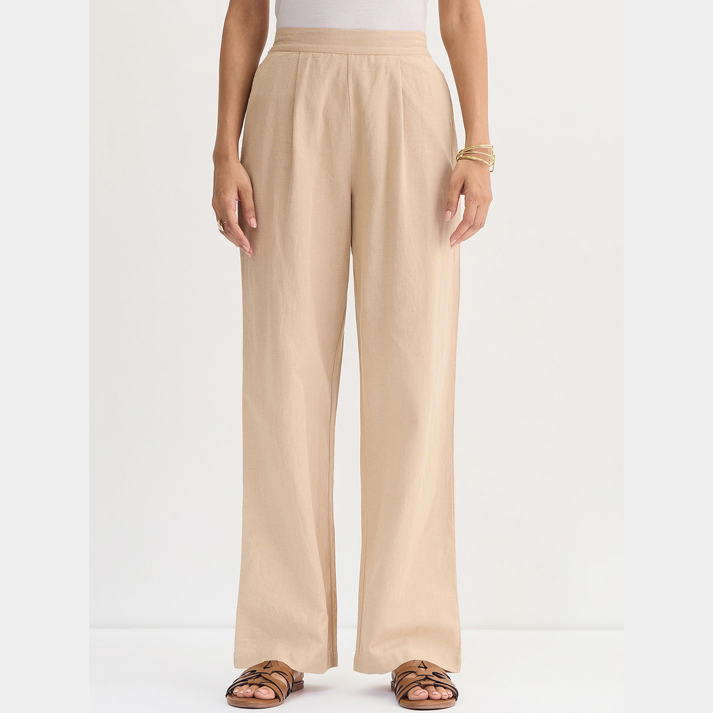 فيميلا - بنطال قطن وكتان قصة مستقيمة لون بيج-women-clothing-bottoms-trousers-image-1