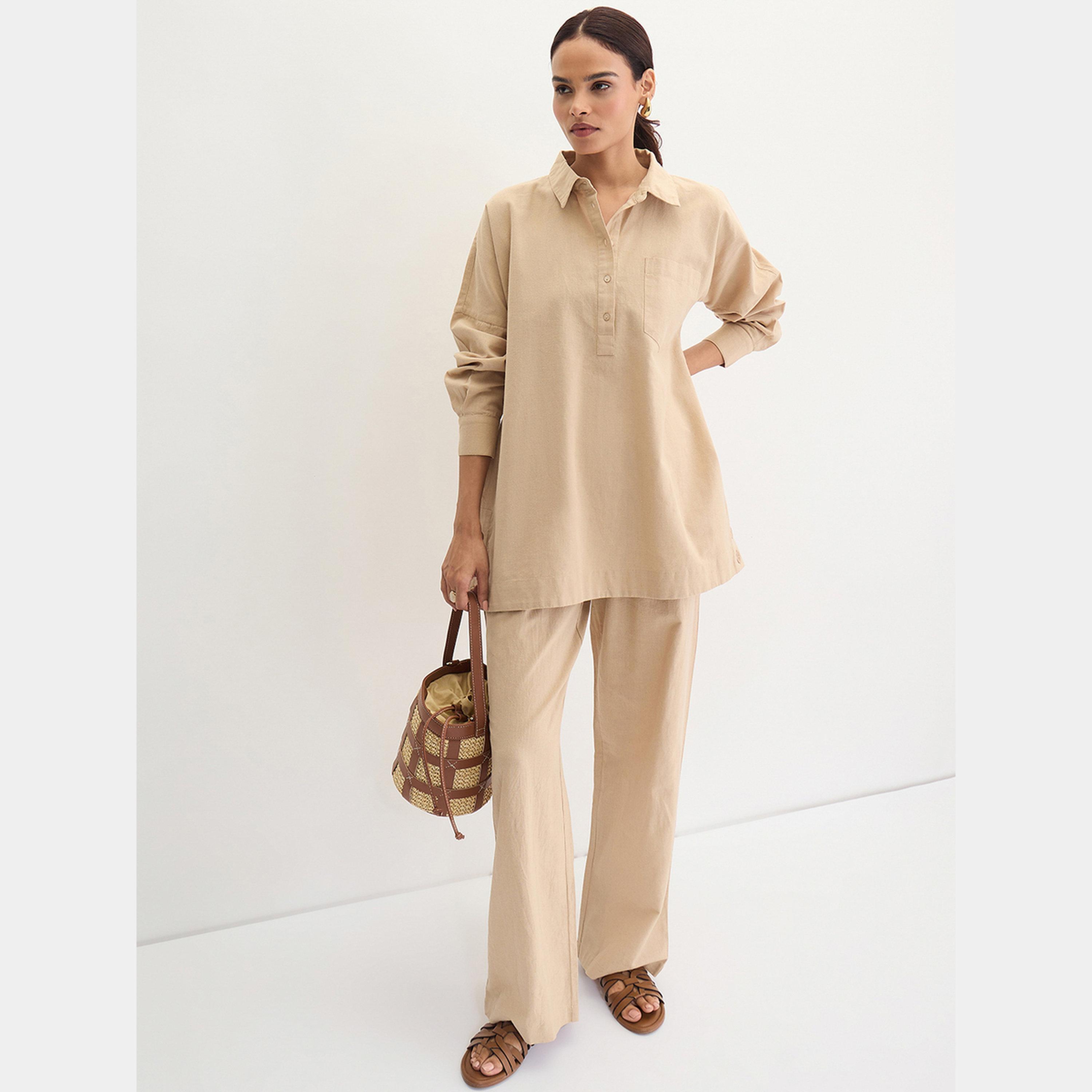 فيميلا - بنطال قطن وكتان قصة مستقيمة لون بيج-women-clothing-bottoms-trousers-image-2