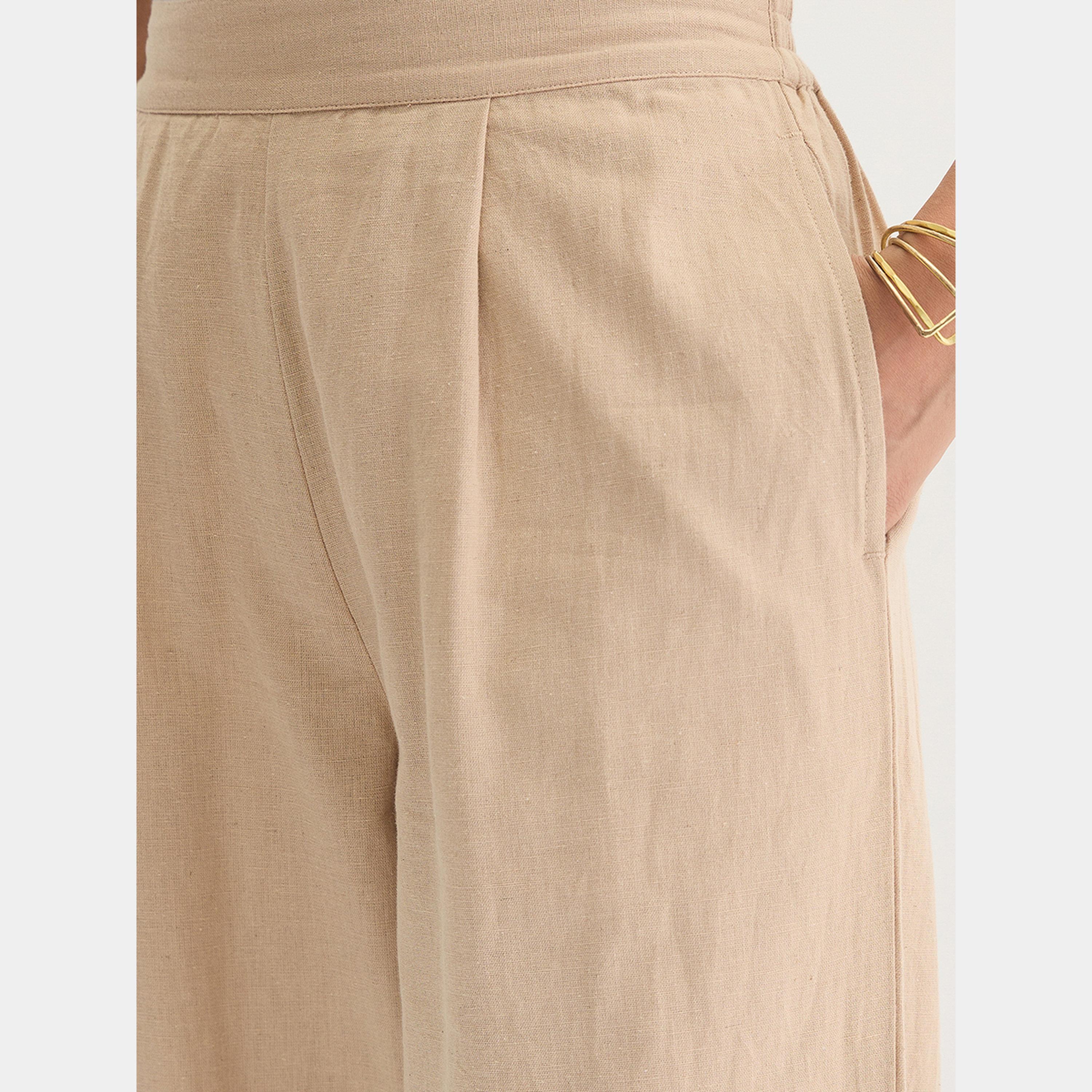 فيميلا - بنطال قطن وكتان قصة مستقيمة لون بيج-women-clothing-bottoms-trousers-image-3