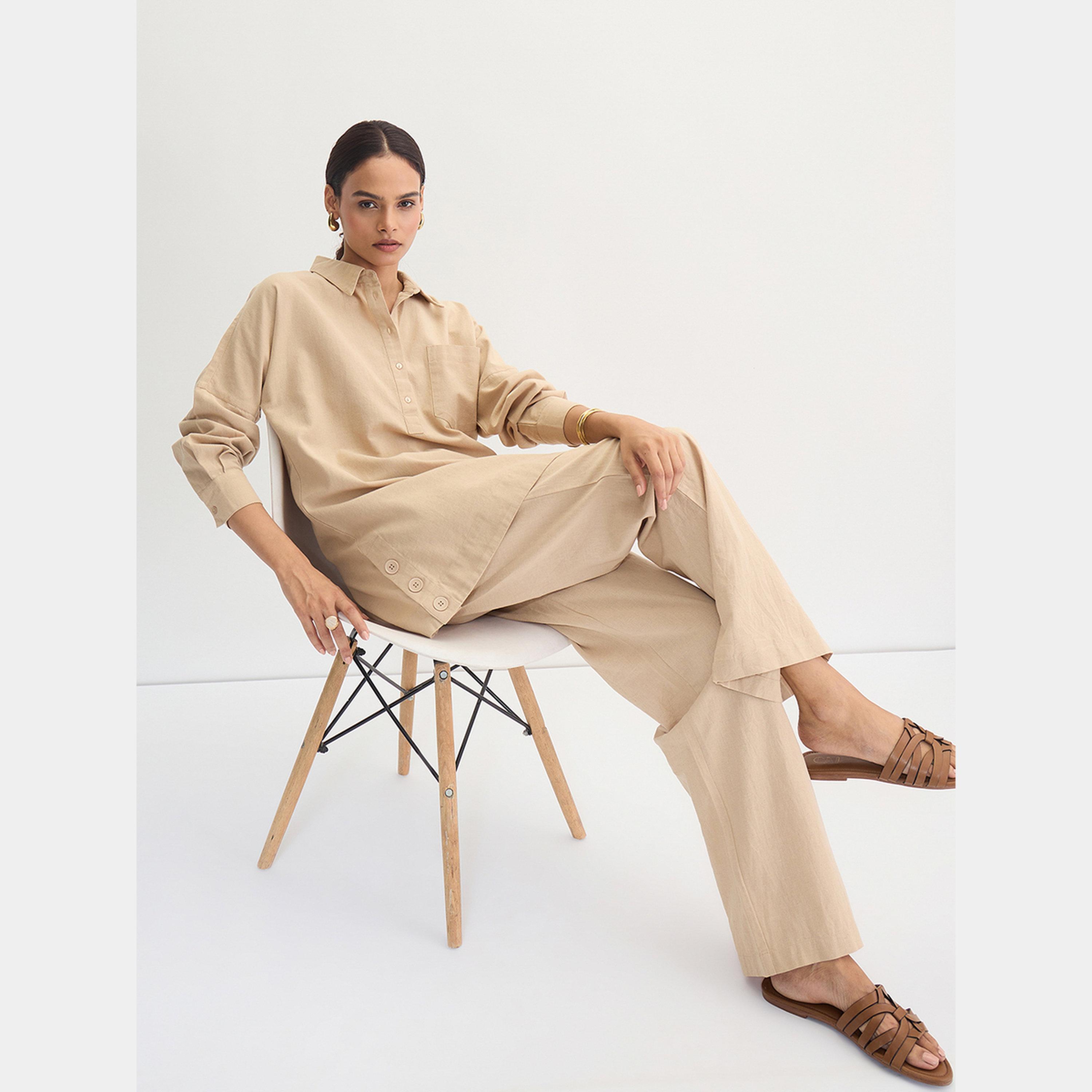 فيميلا - بنطال قطن وكتان قصة مستقيمة لون بيج-women-clothing-bottoms-trousers-image-4