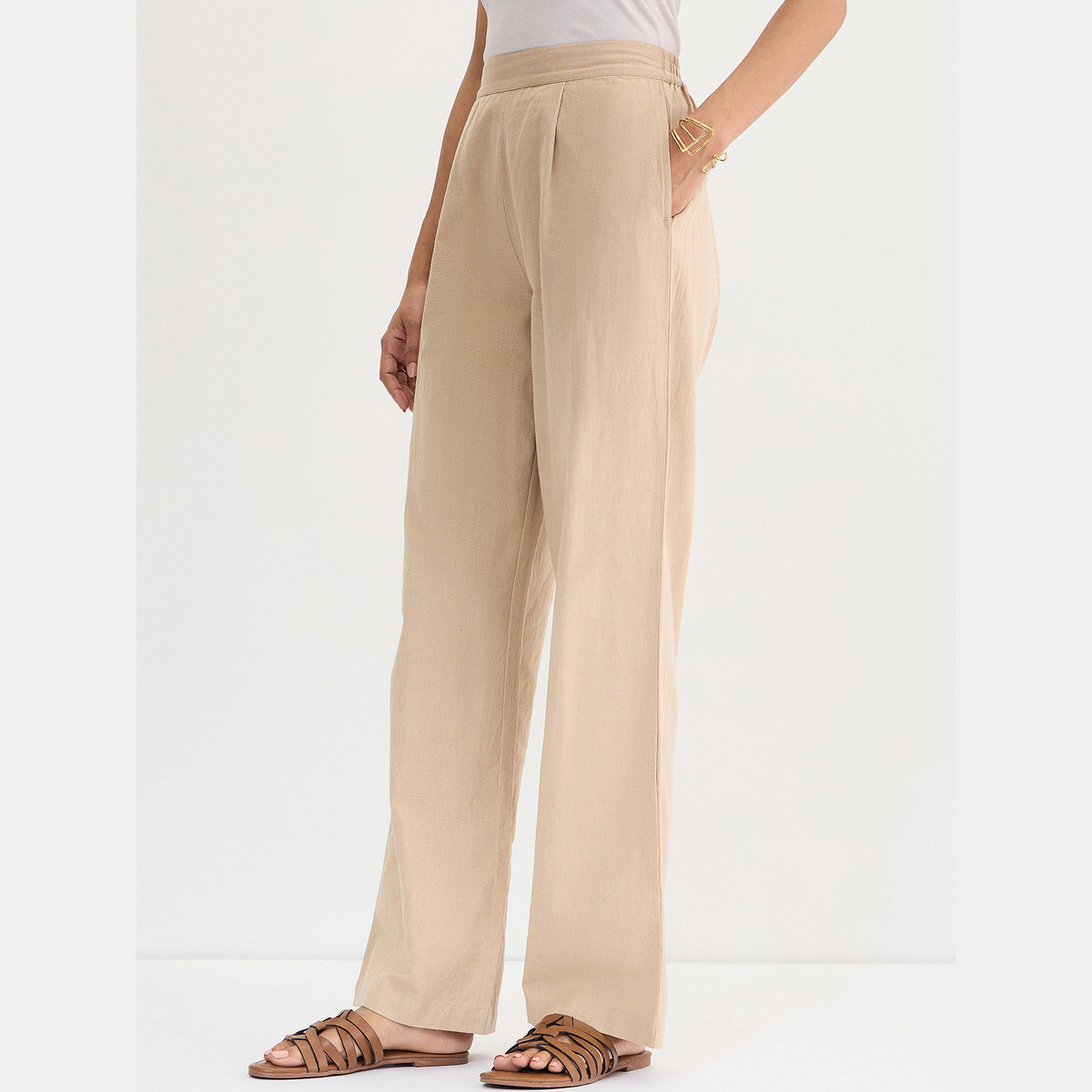 فيميلا - بنطال قطن وكتان قصة مستقيمة لون بيج-women-clothing-bottoms-trousers-image-5
