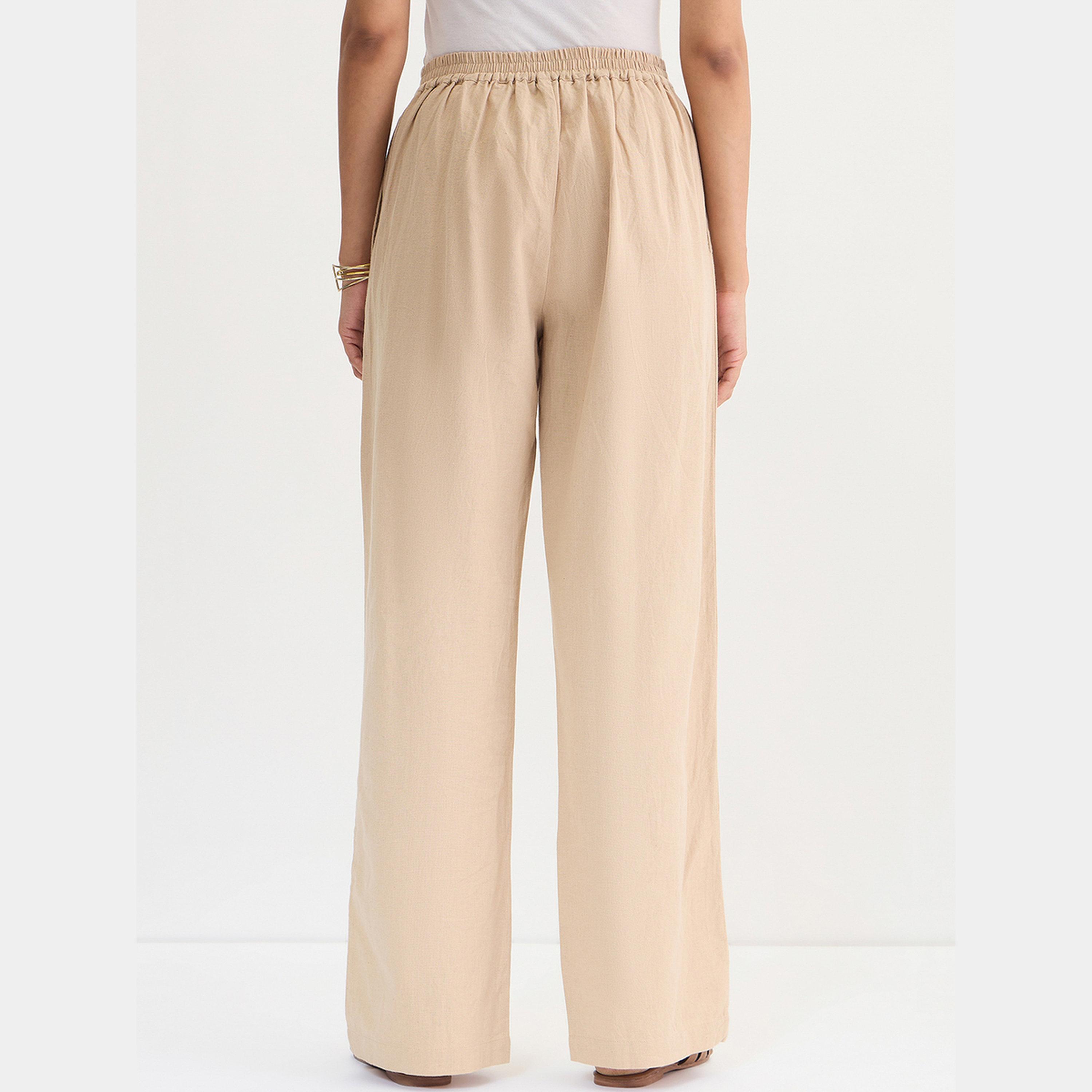 فيميلا - بنطال قطن وكتان قصة مستقيمة لون بيج-women-clothing-bottoms-trousers-image-6