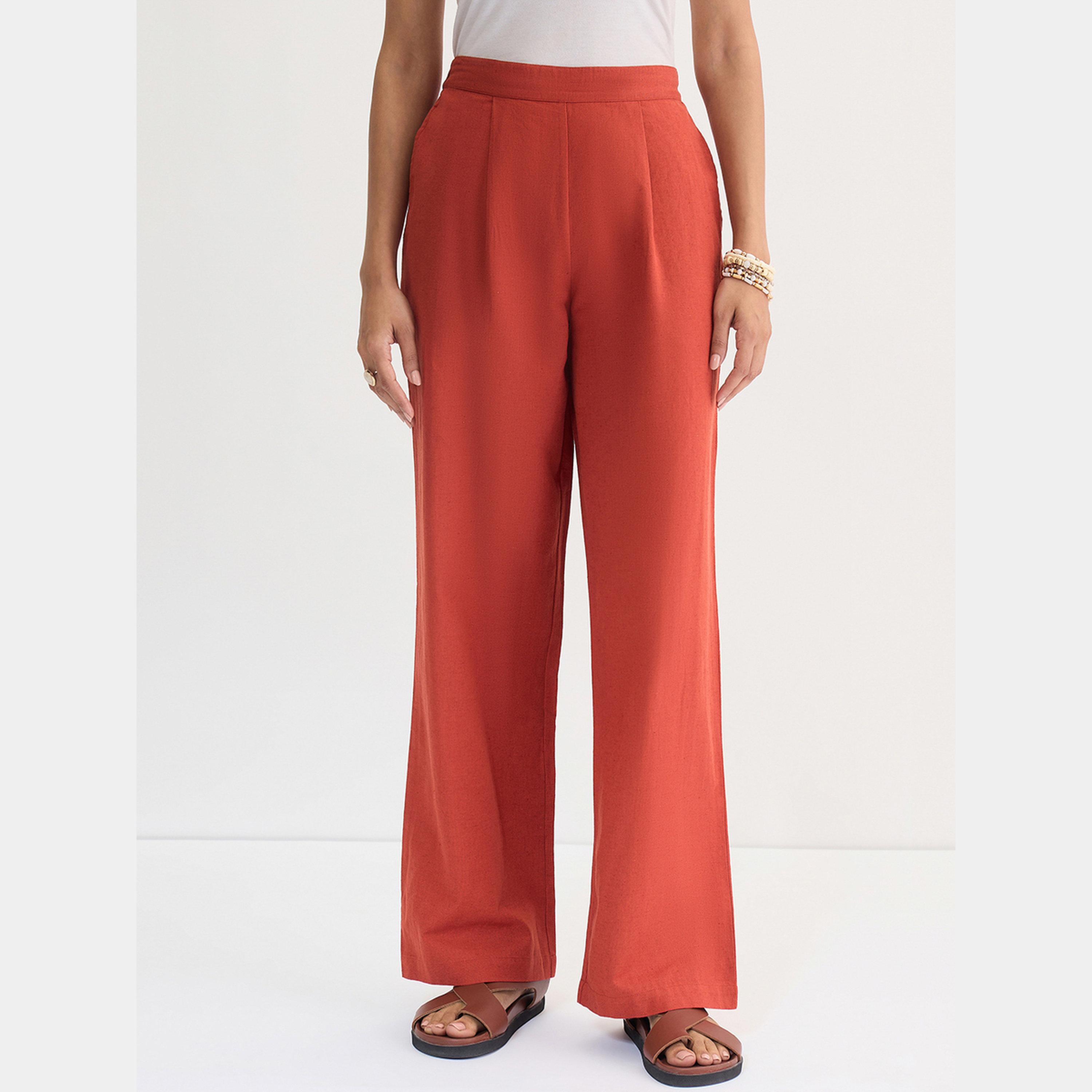 فيميلا - بنطال مستقيم من القطن والكتان لون الصدئ-women-clothing-bottoms-trousers-image-1
