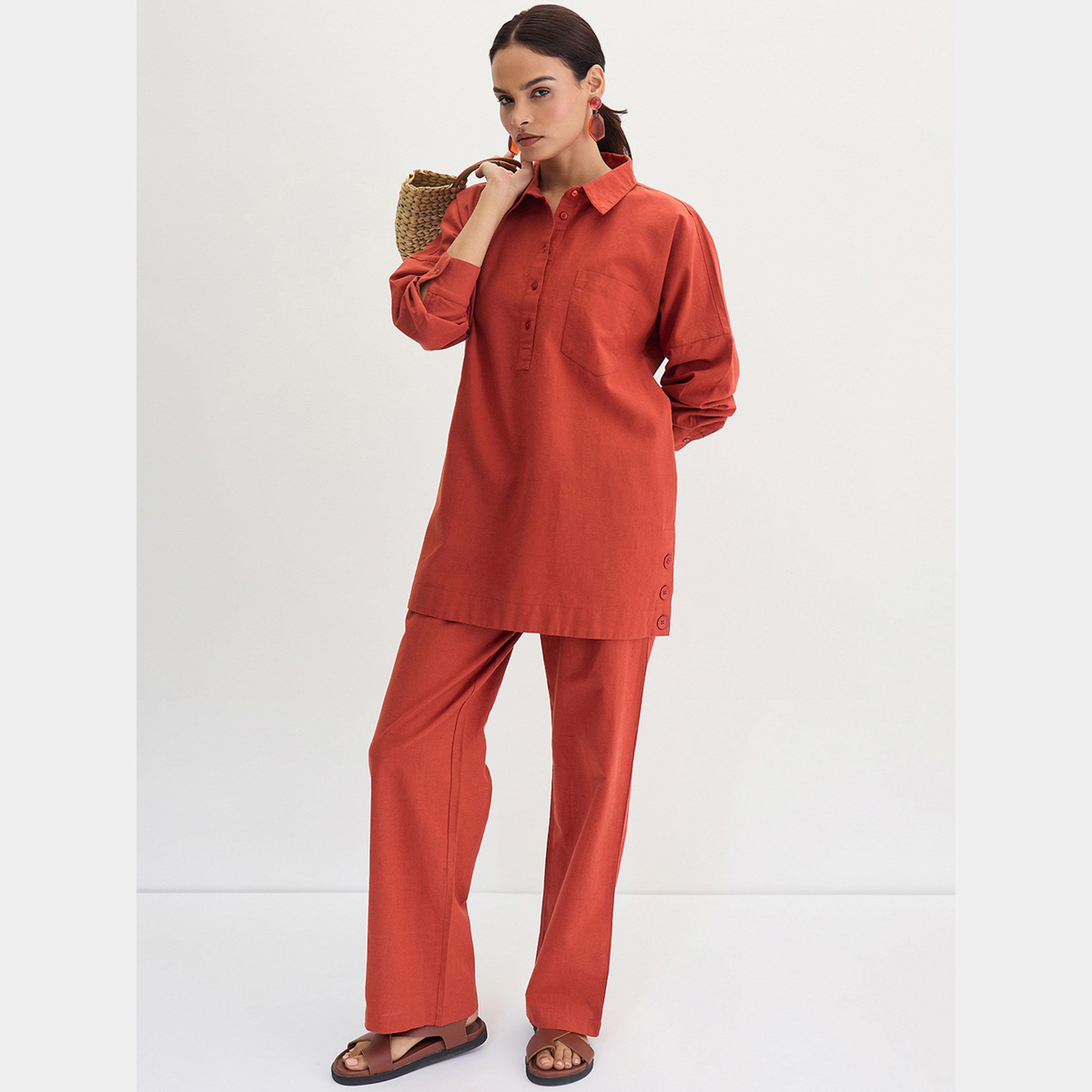 فيميلا - بنطال مستقيم من القطن والكتان لون الصدئ-women-clothing-bottoms-trousers-image-2