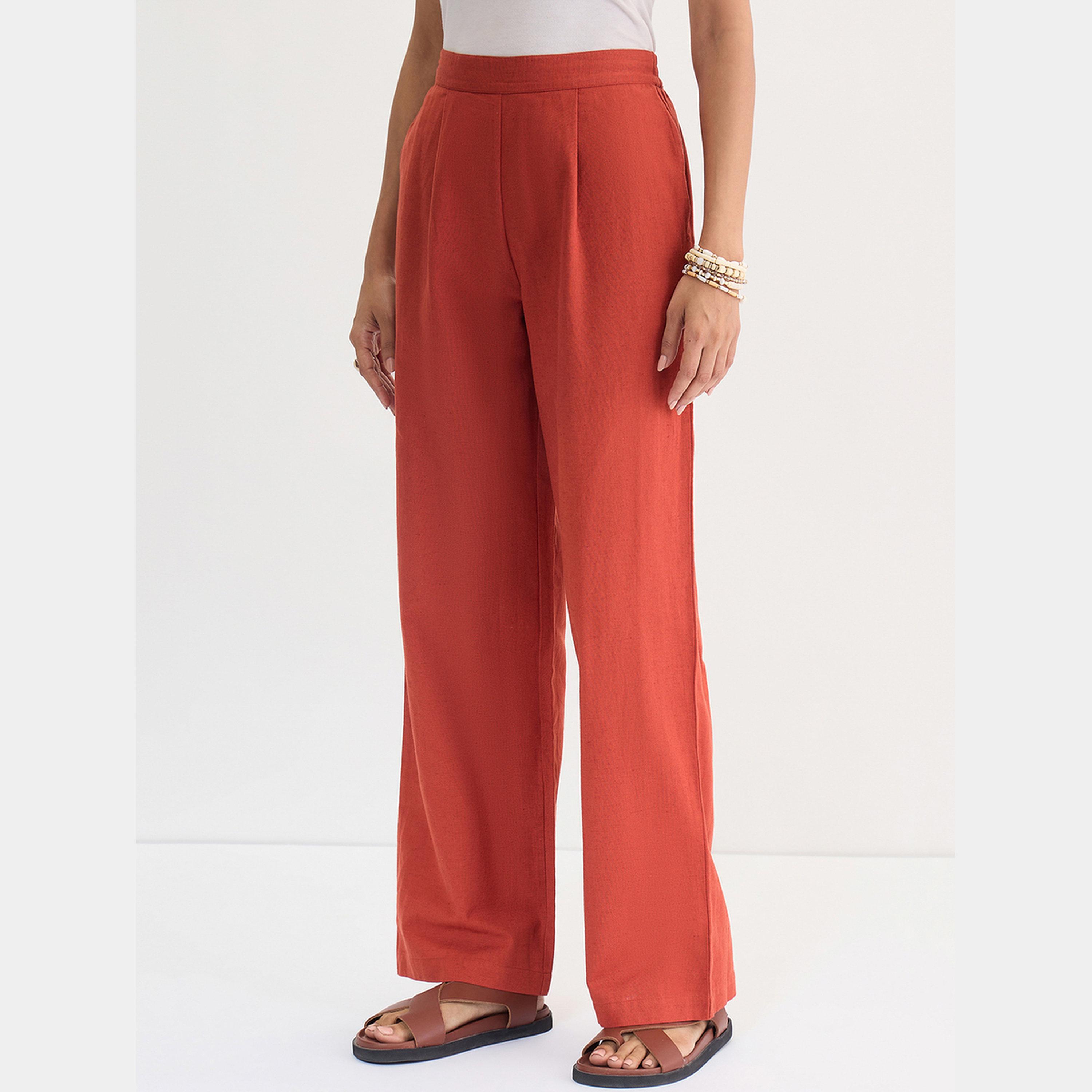 فيميلا - بنطال مستقيم من القطن والكتان لون الصدئ-women-clothing-bottoms-trousers-image-3