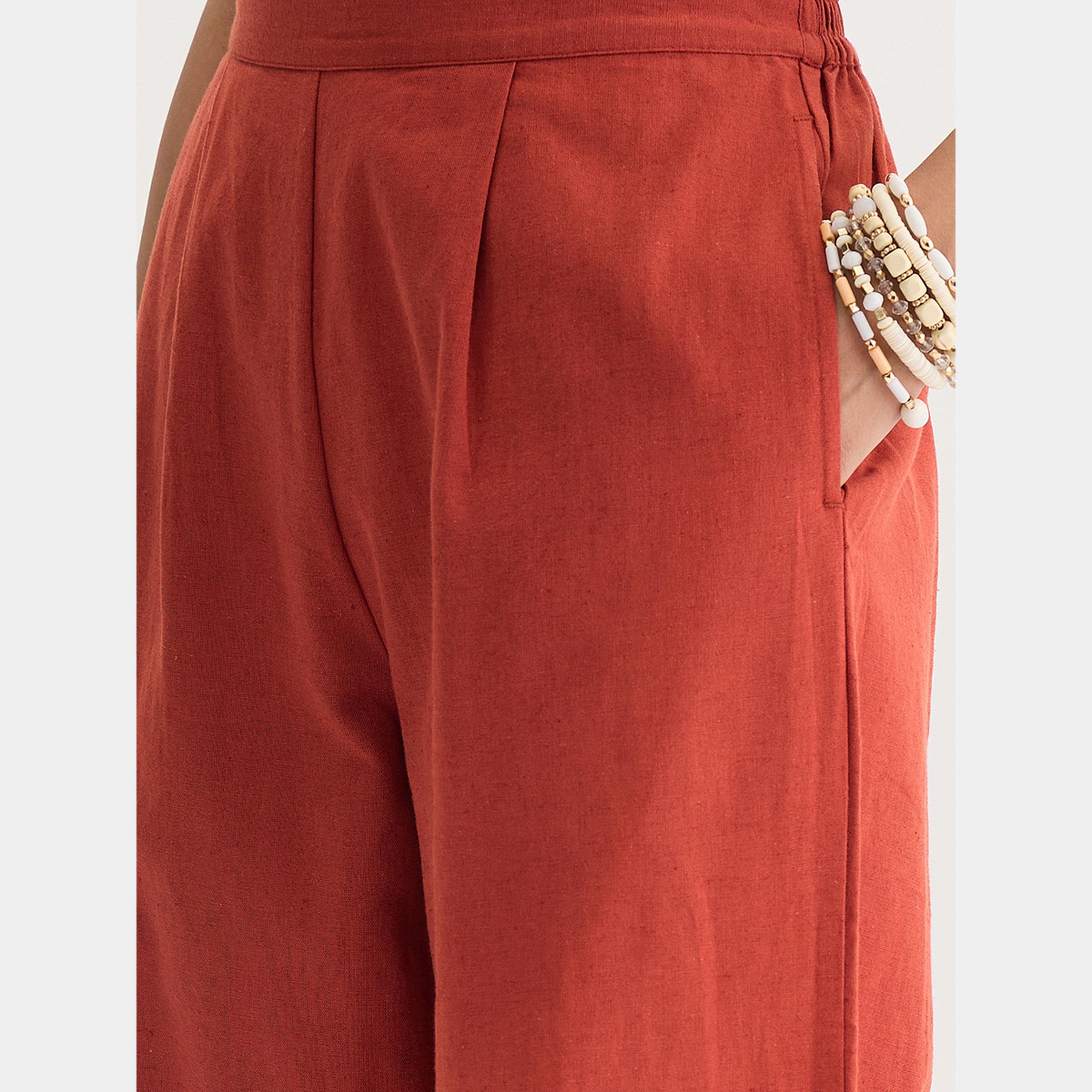 فيميلا - بنطال مستقيم من القطن والكتان لون الصدئ-women-clothing-bottoms-trousers-image-4