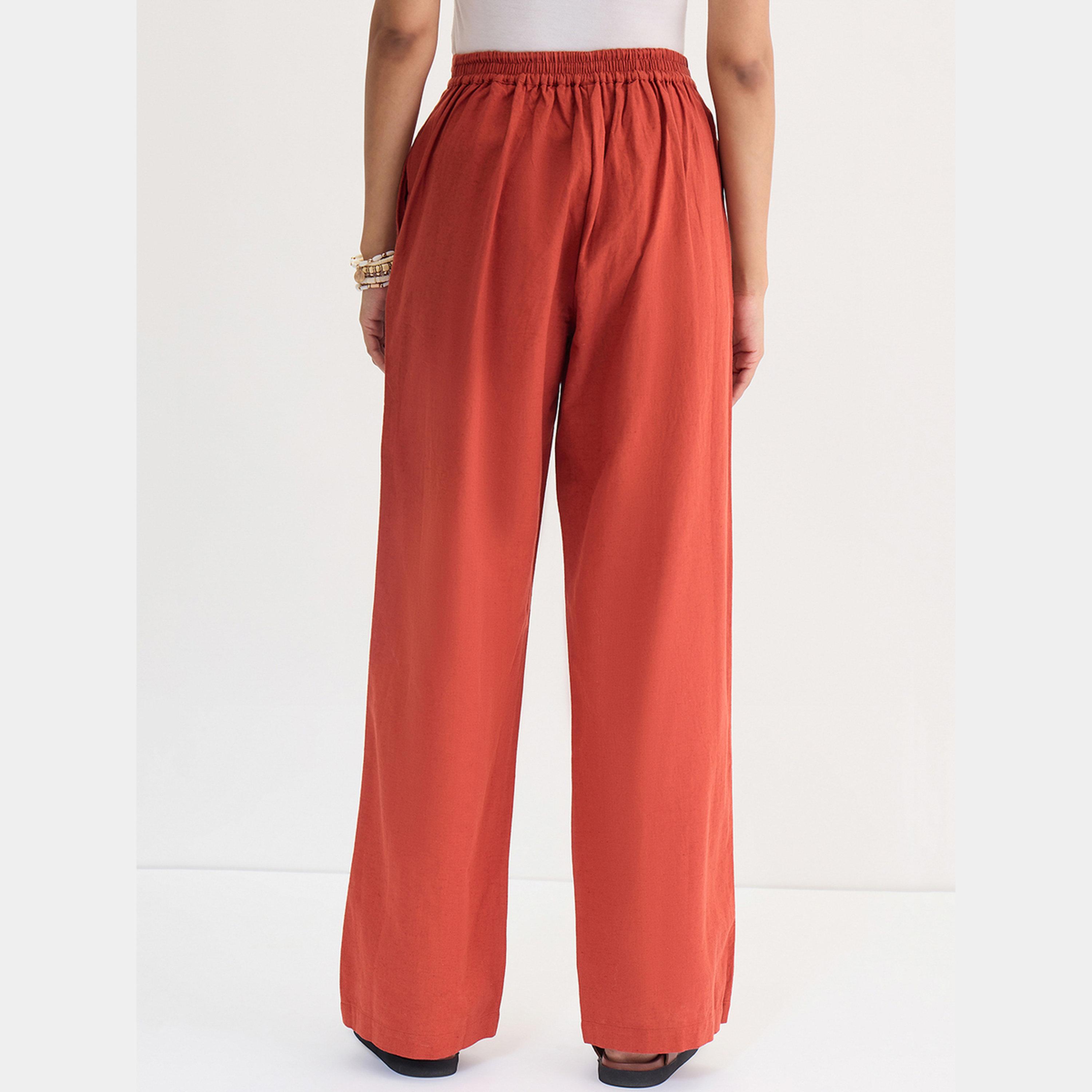 فيميلا - بنطال مستقيم من القطن والكتان لون الصدئ-women-clothing-bottoms-trousers-image-5