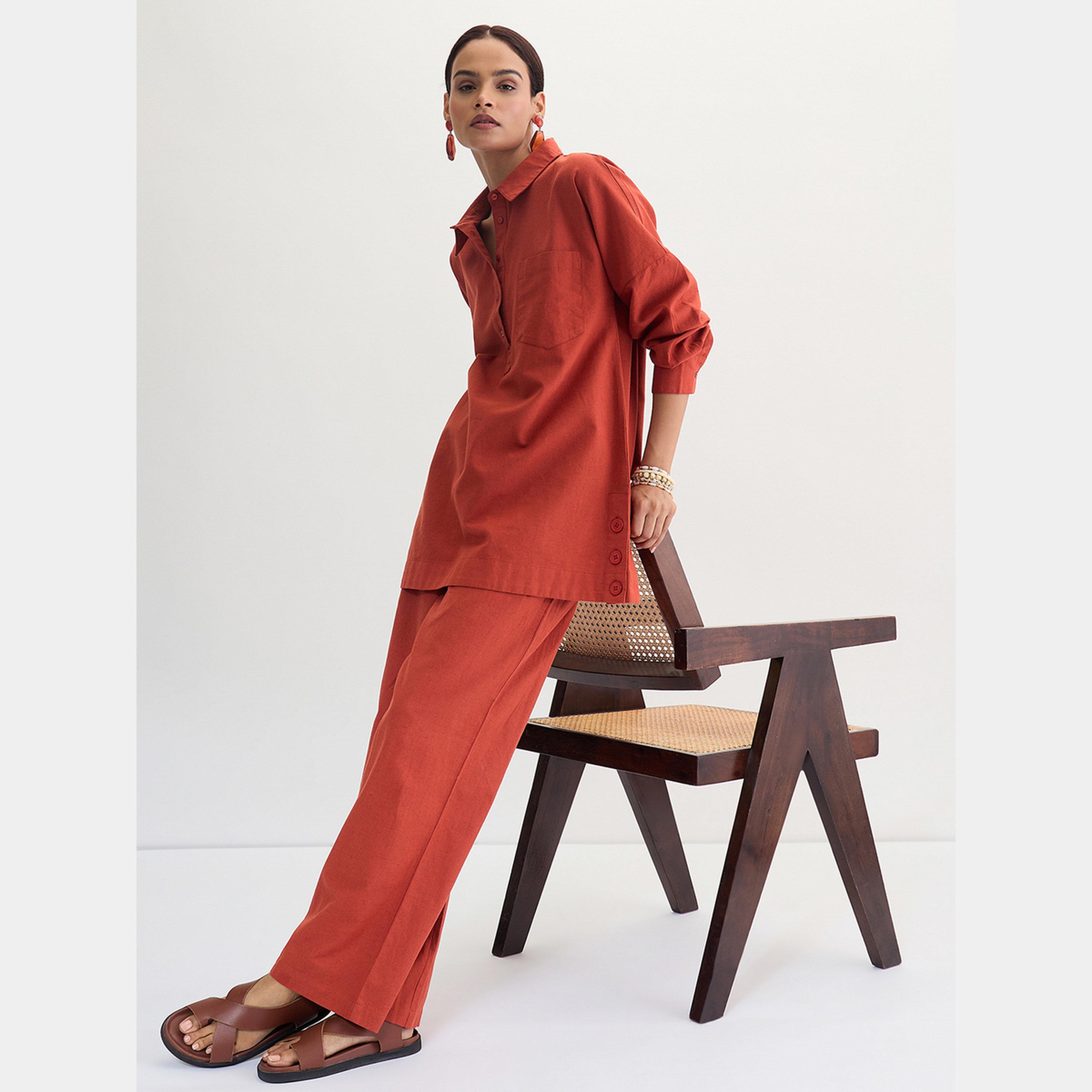 فيميلا - بنطال مستقيم من القطن والكتان لون الصدئ-women-clothing-bottoms-trousers-image-6