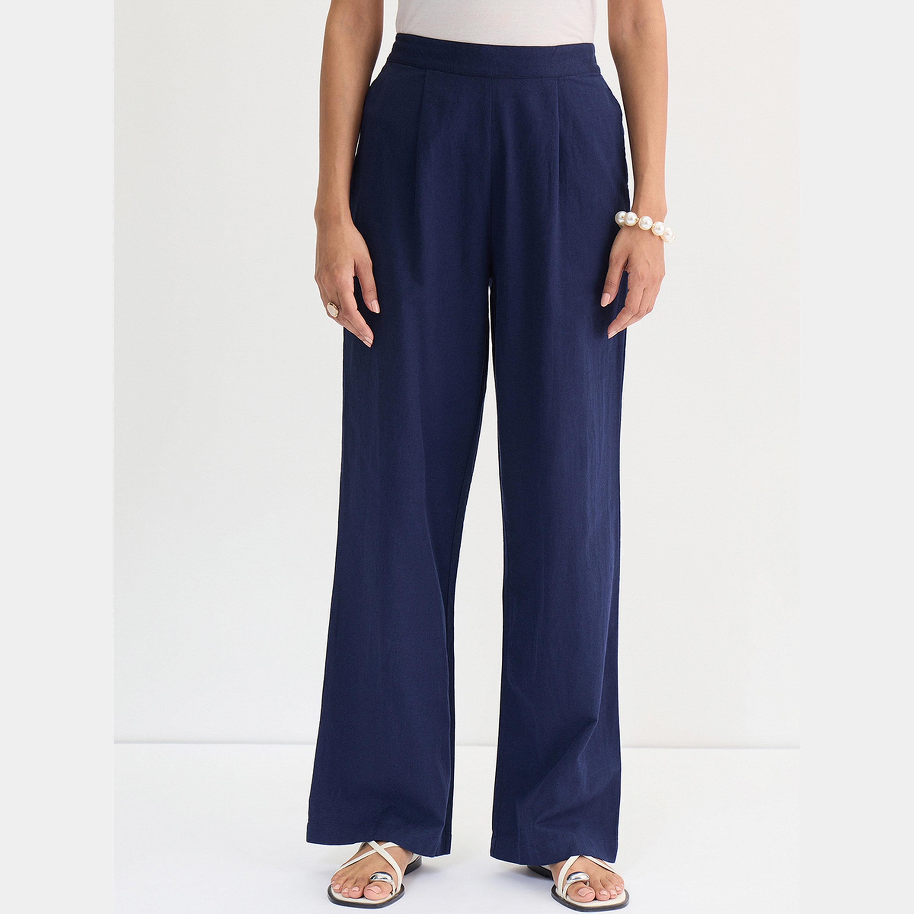 Femmella Navy Blue Cotton Linen Straight Pants-women-clothing-bottoms-trousers-image-1