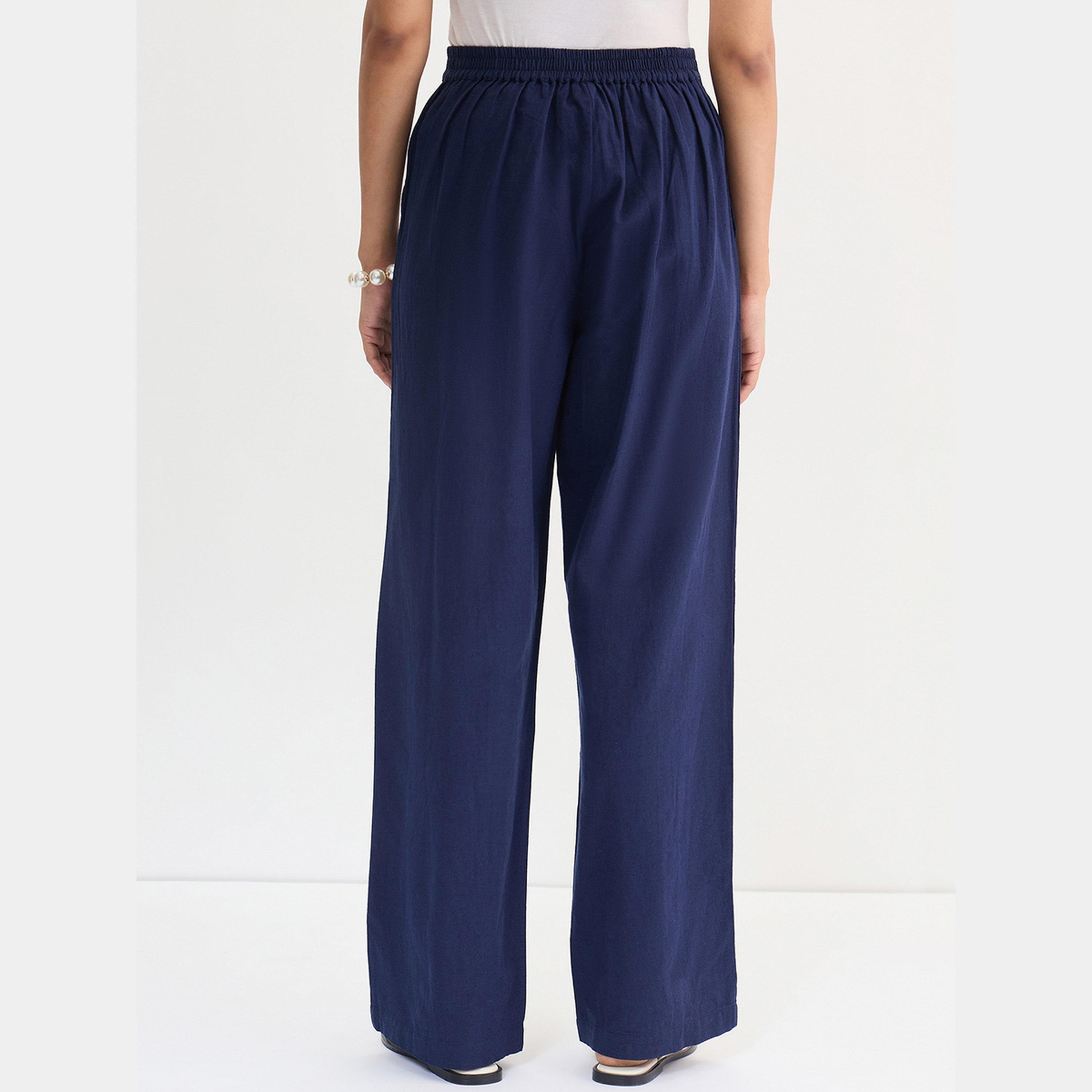 Femmella Navy Blue Cotton Linen Straight Pants-women-clothing-bottoms-trousers-image-3