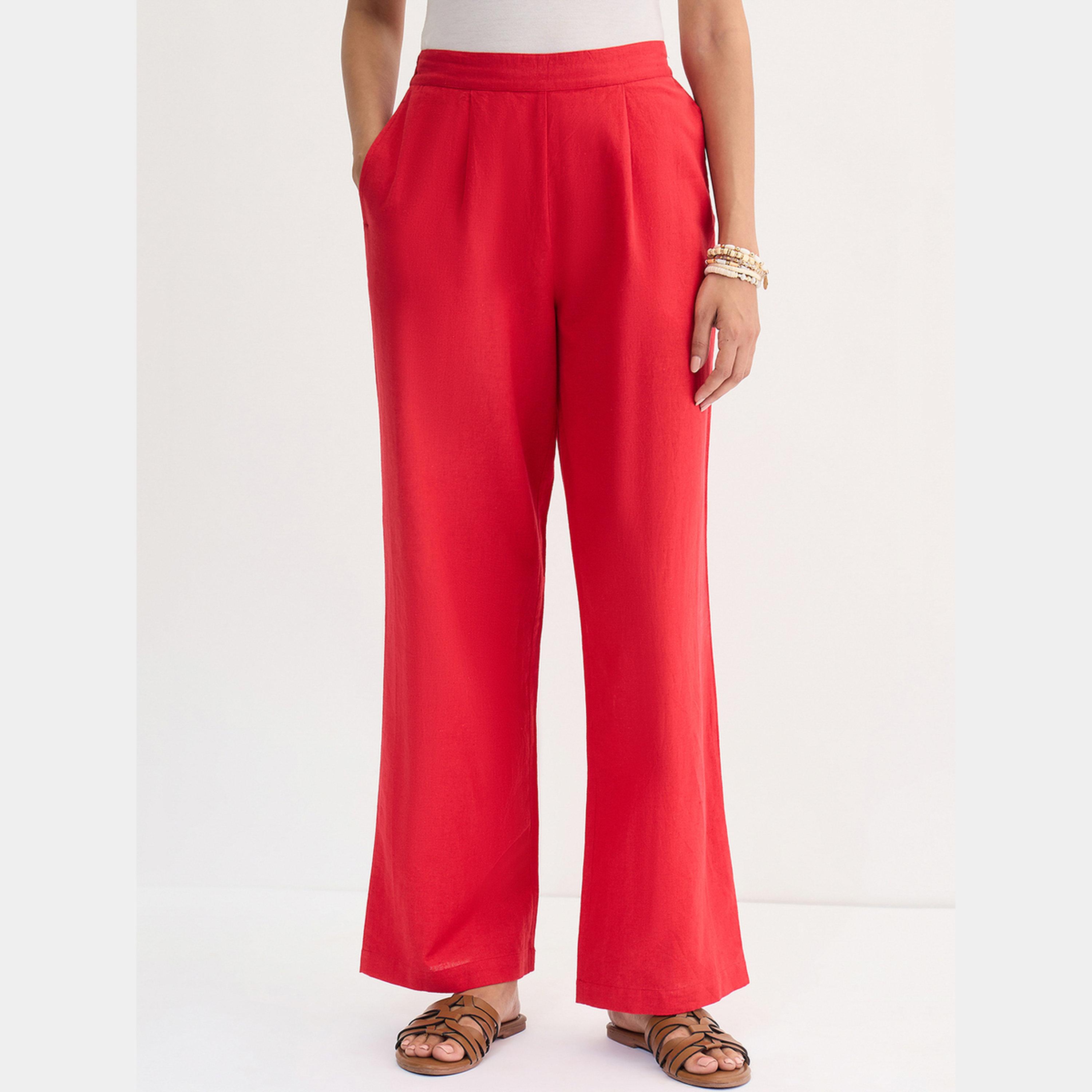 Femmella Red Cotton Linen Straight Fit Pants-women-clothing-bottoms-trousers-image-1