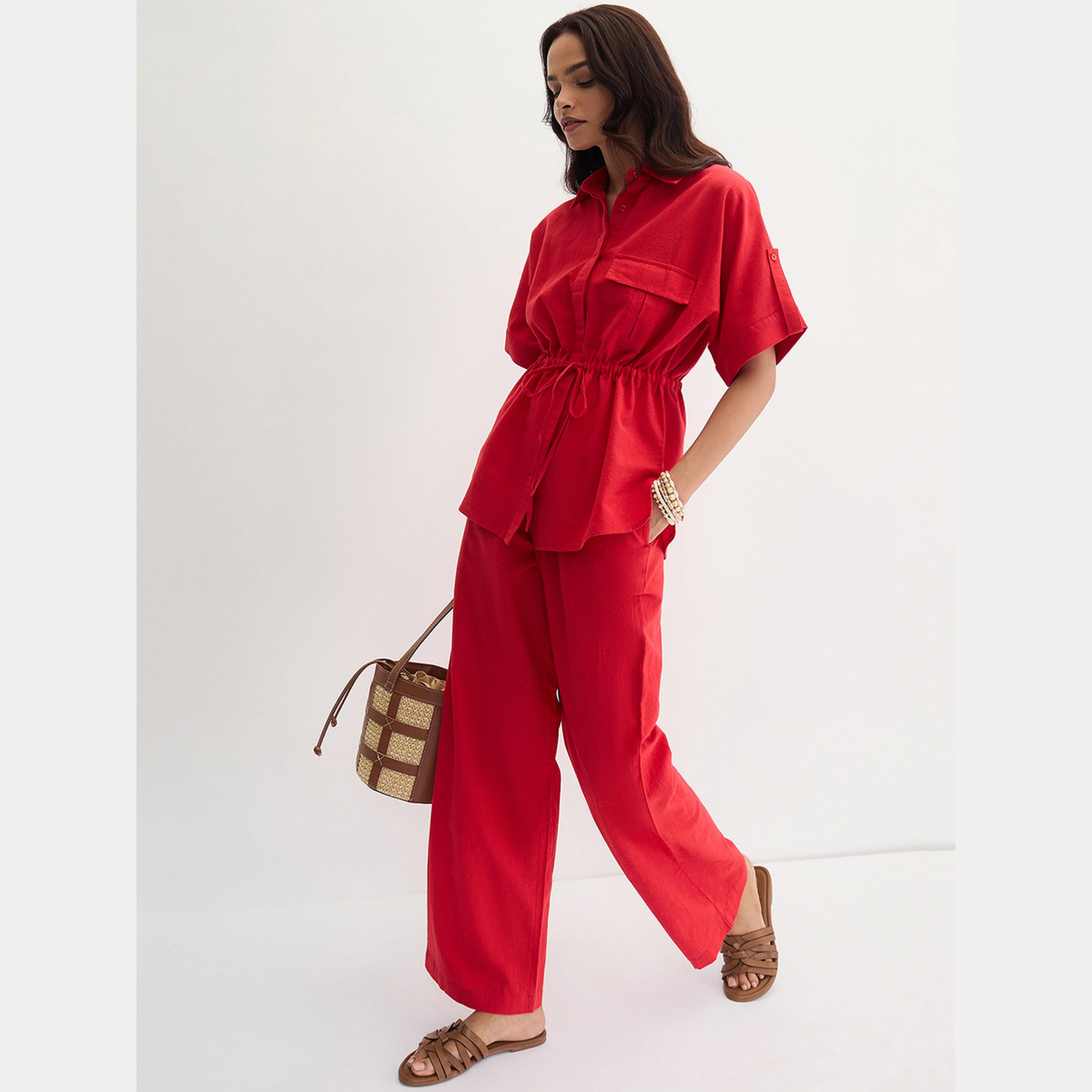 Femmella Red Cotton Linen Straight Fit Pants-women-clothing-bottoms-trousers-image-2